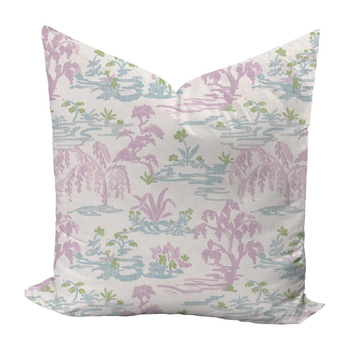 Pillow cover featuring trees and grasslands in blue and orchid