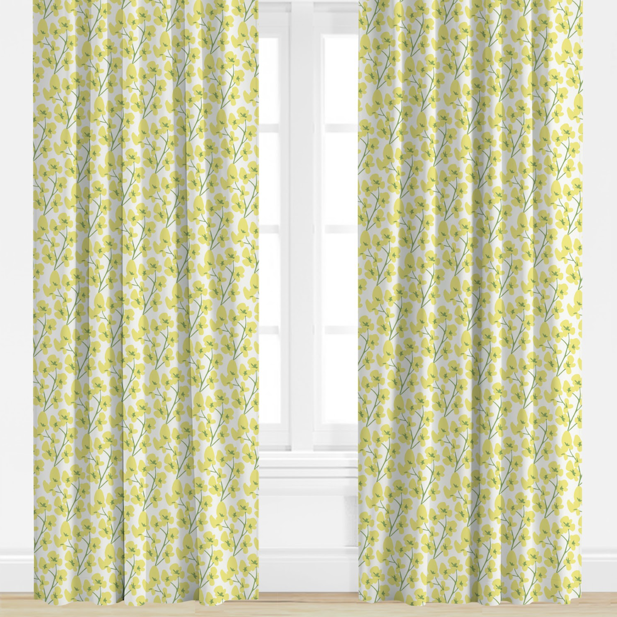 Yellow floral curtains with a white window in the background