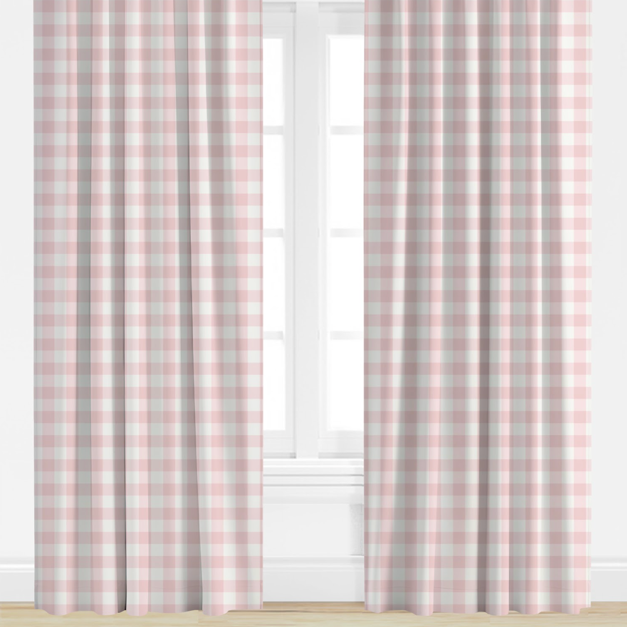 Pink and white checkered curtains on a window with a white background