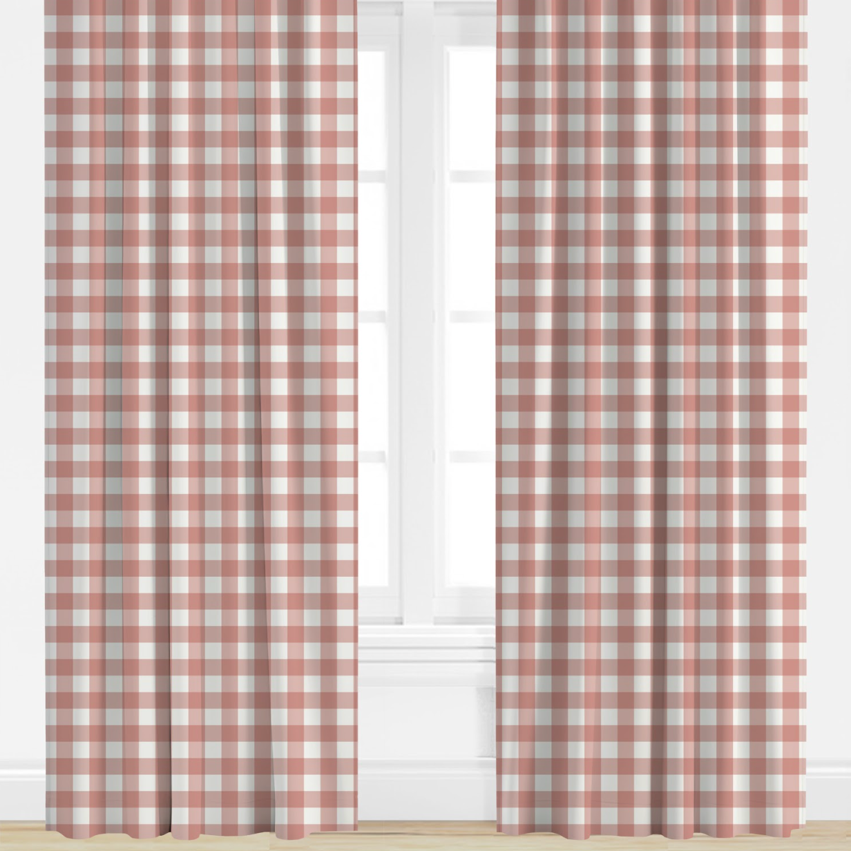 Red and white checkered curtains on a window with a white background