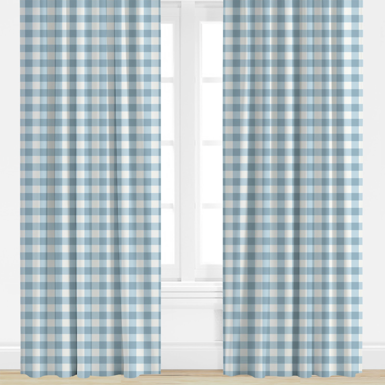 Blue and white checkered curtains on a window