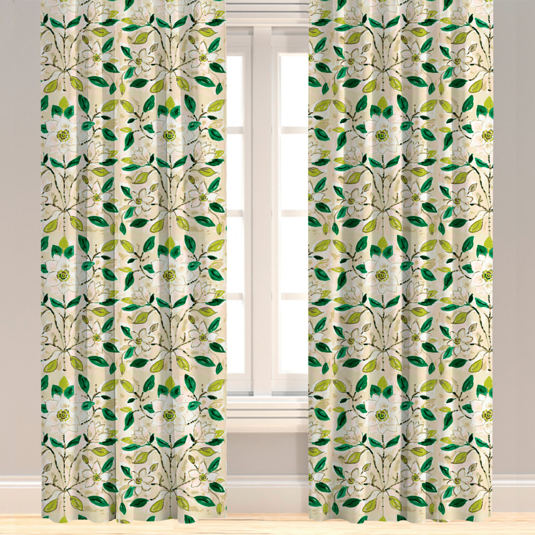 A pair of custom-length drapery panels featuring a green and white leaf pattern, with a 4-inch header and buckram detail.
