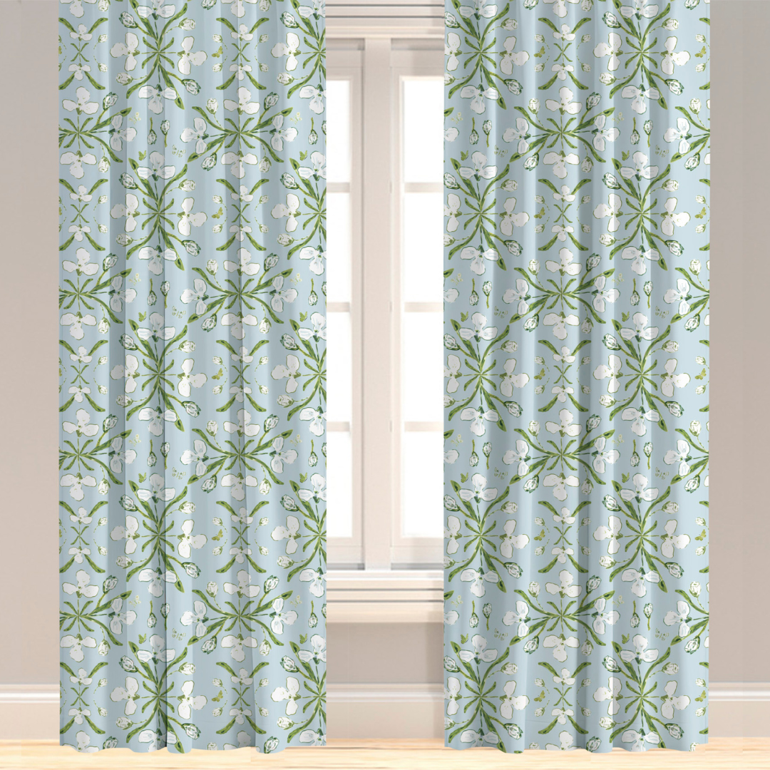 blue and green floral drapery