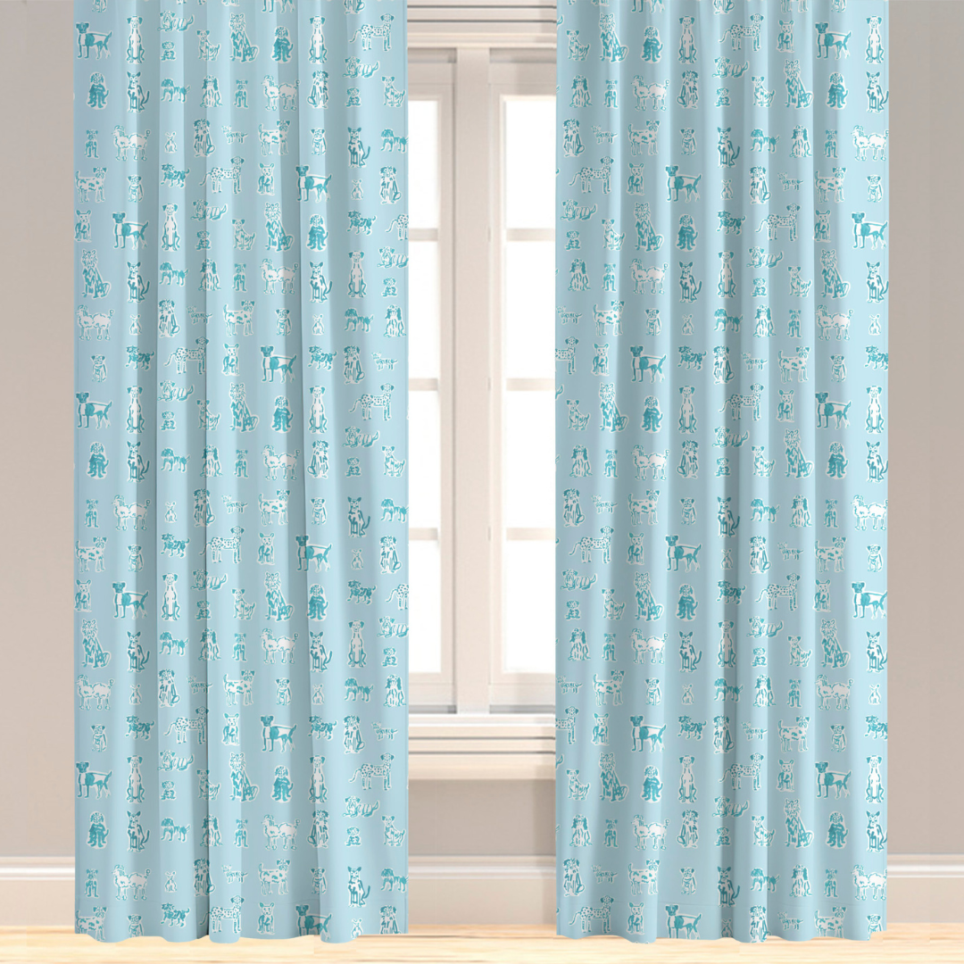 Puppy patterned drapery in blue