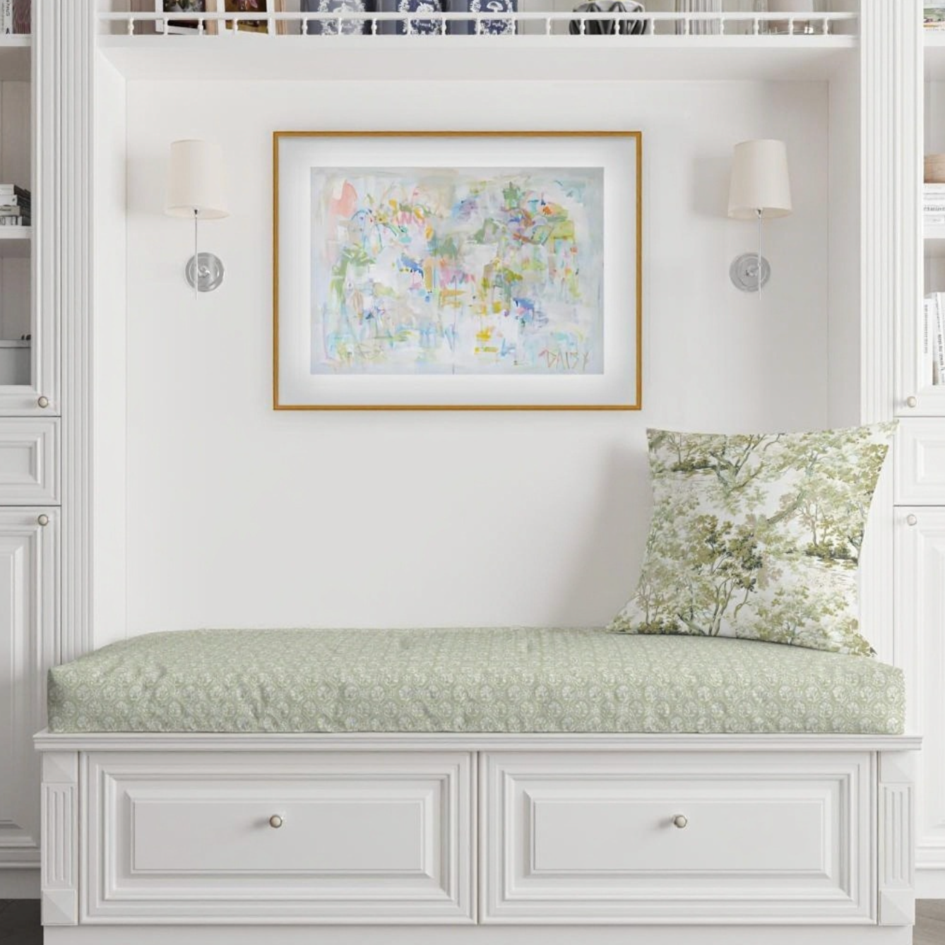 Custom bench cushion in green floral pattern