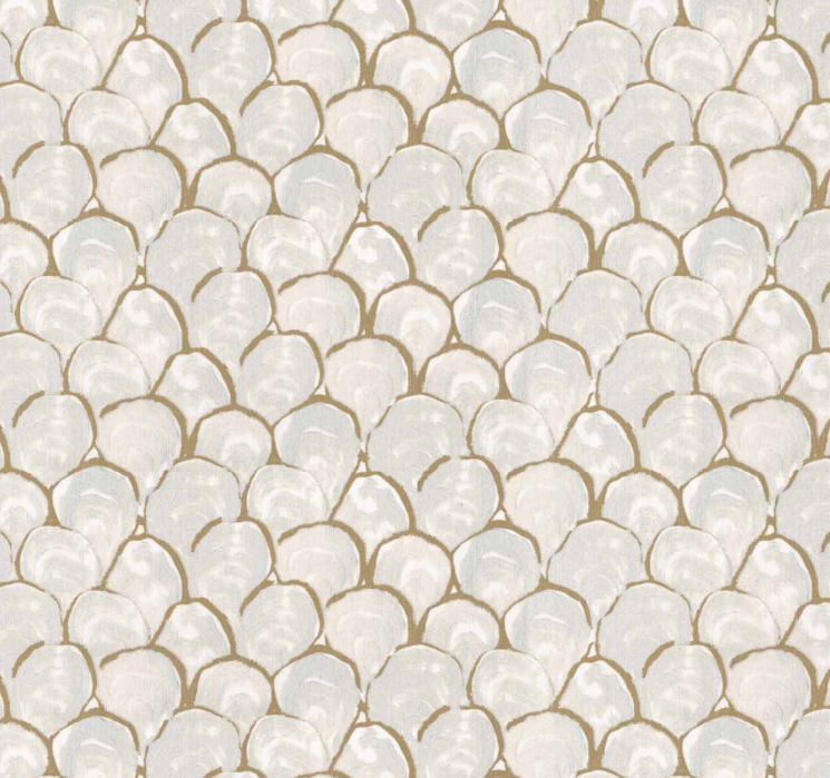 Close-up of beige and white scalloped drapery panel with a textured pattern resembling an oyster shell.