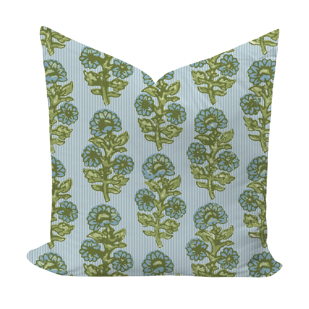 Floral and striped pillow cover in green and blue