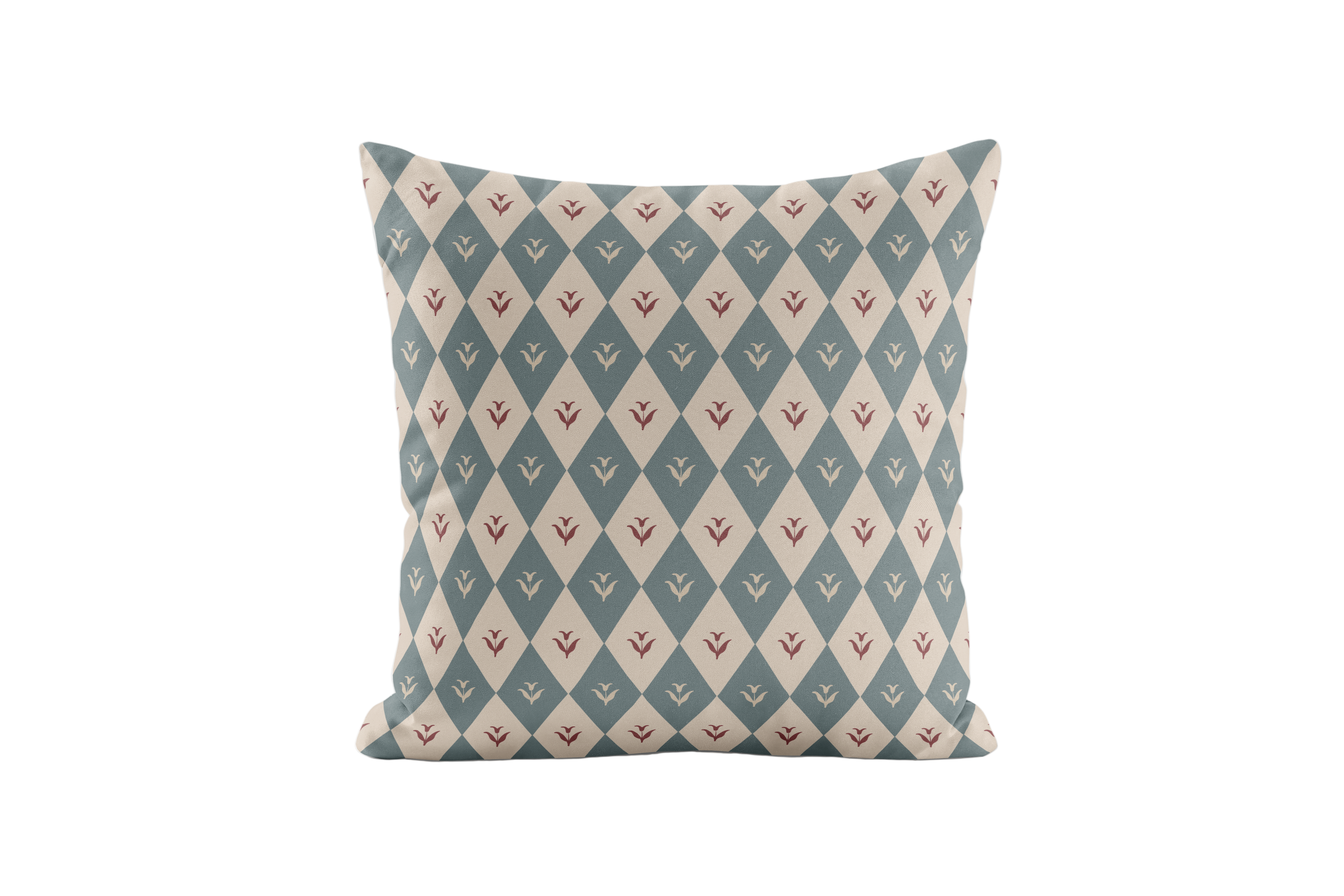 Decorative pillow with geometric pattern in burgundy and blue