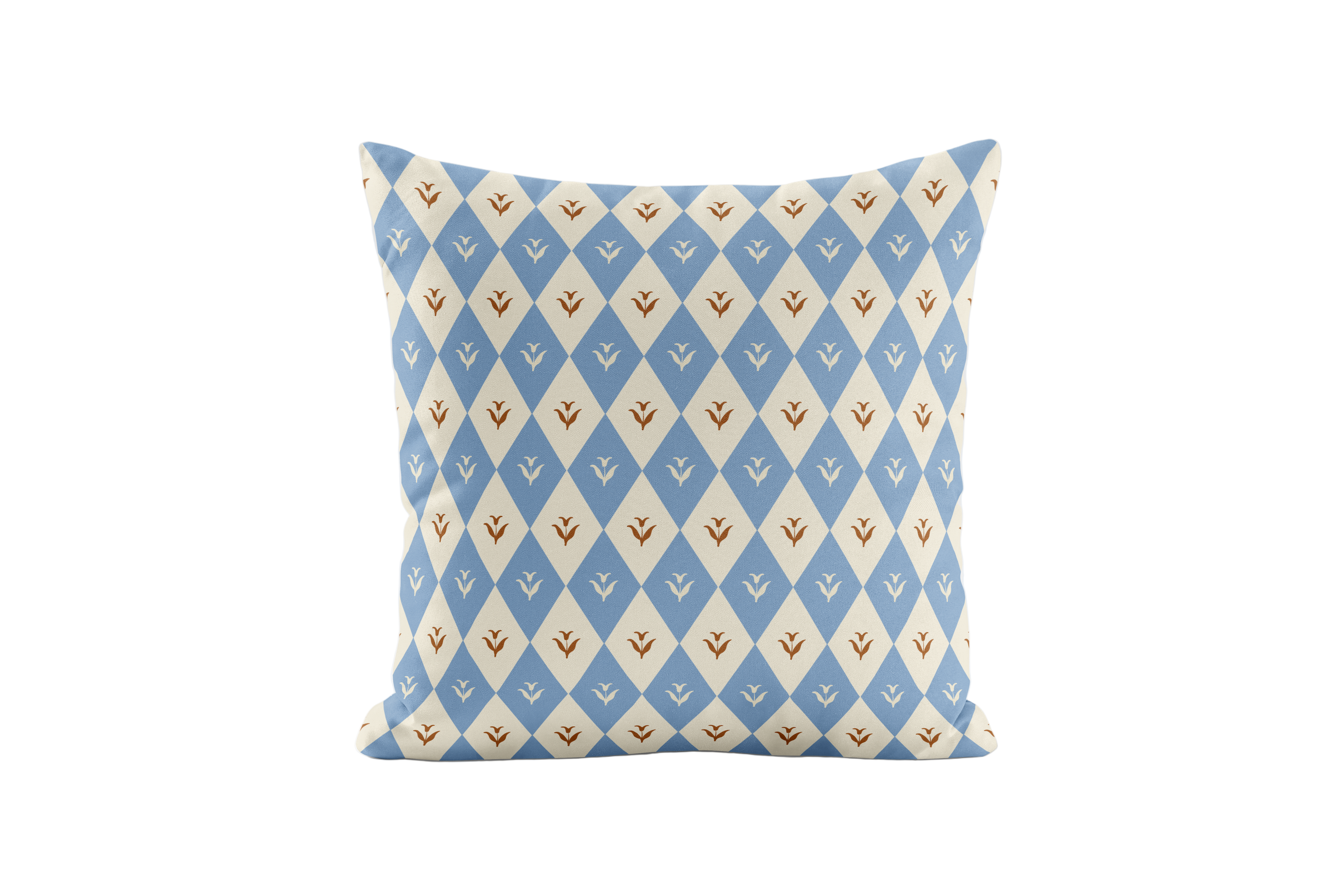 Decorative pillow with blue and beige geometric pattern on a light gray background