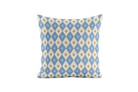 Decorative pillow with blue and beige geometric pattern on a light gray background