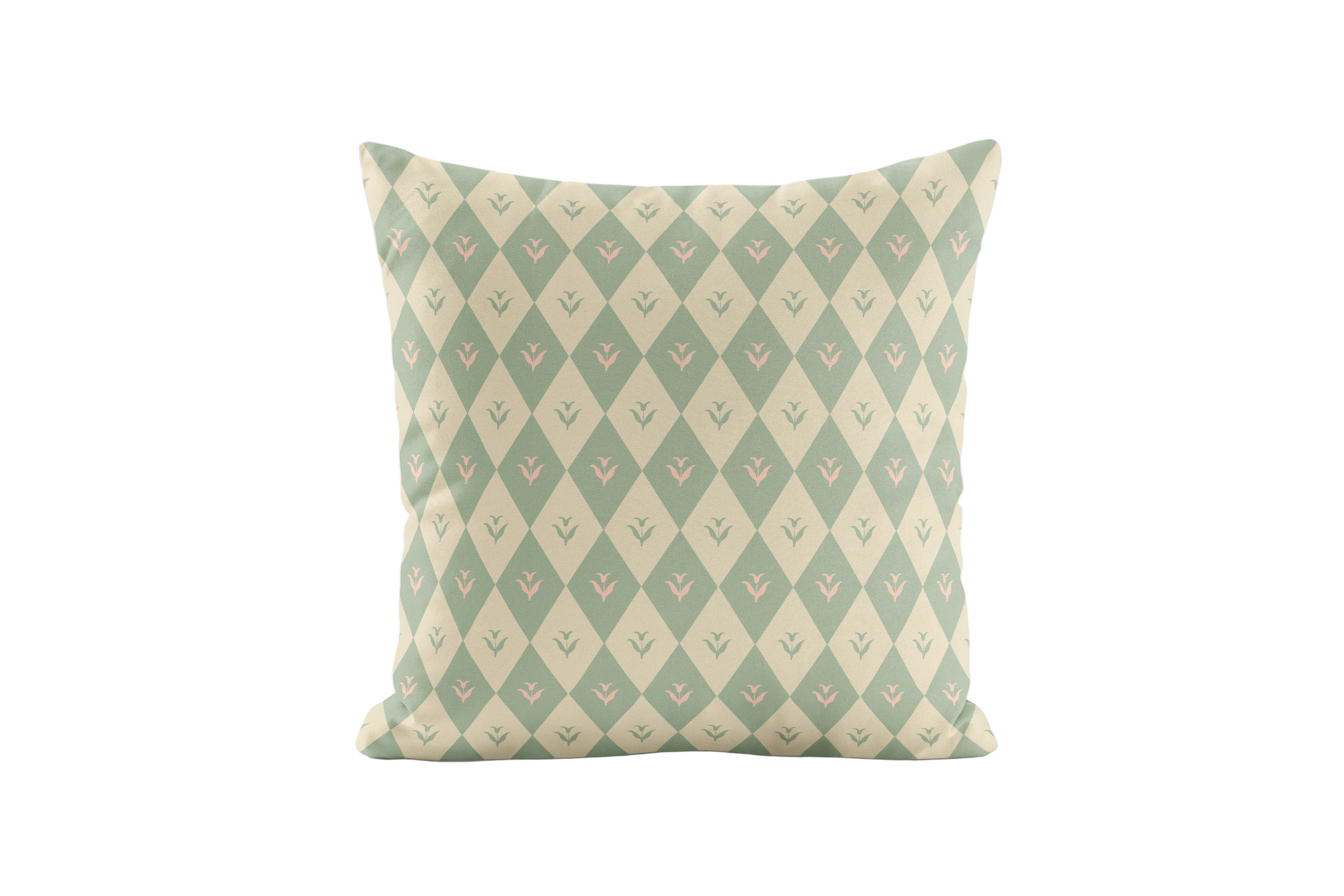 Decorative pillow with green and beige diamond pattern on a white background