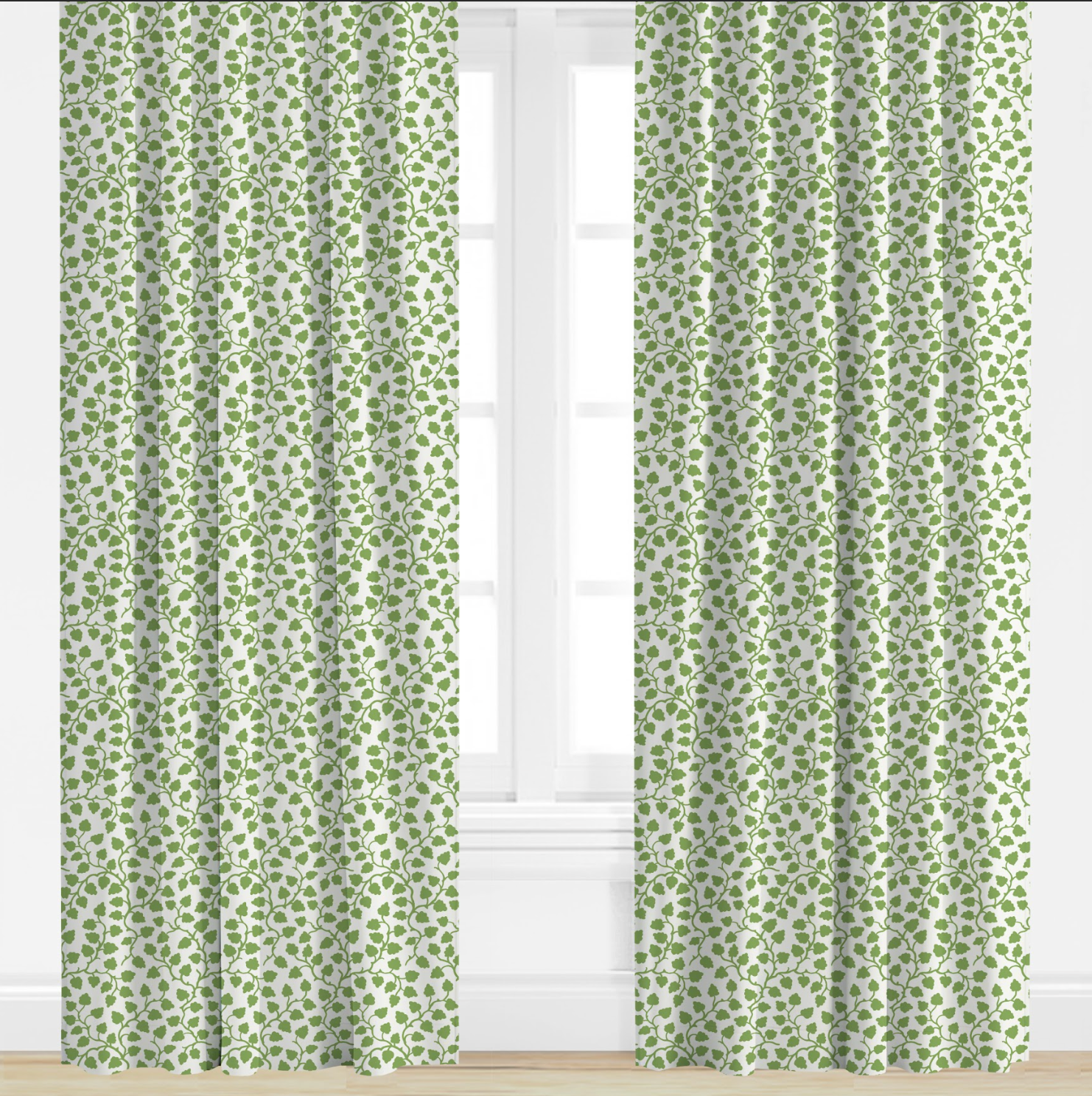 Green patterned curtains on a white window with a light background
