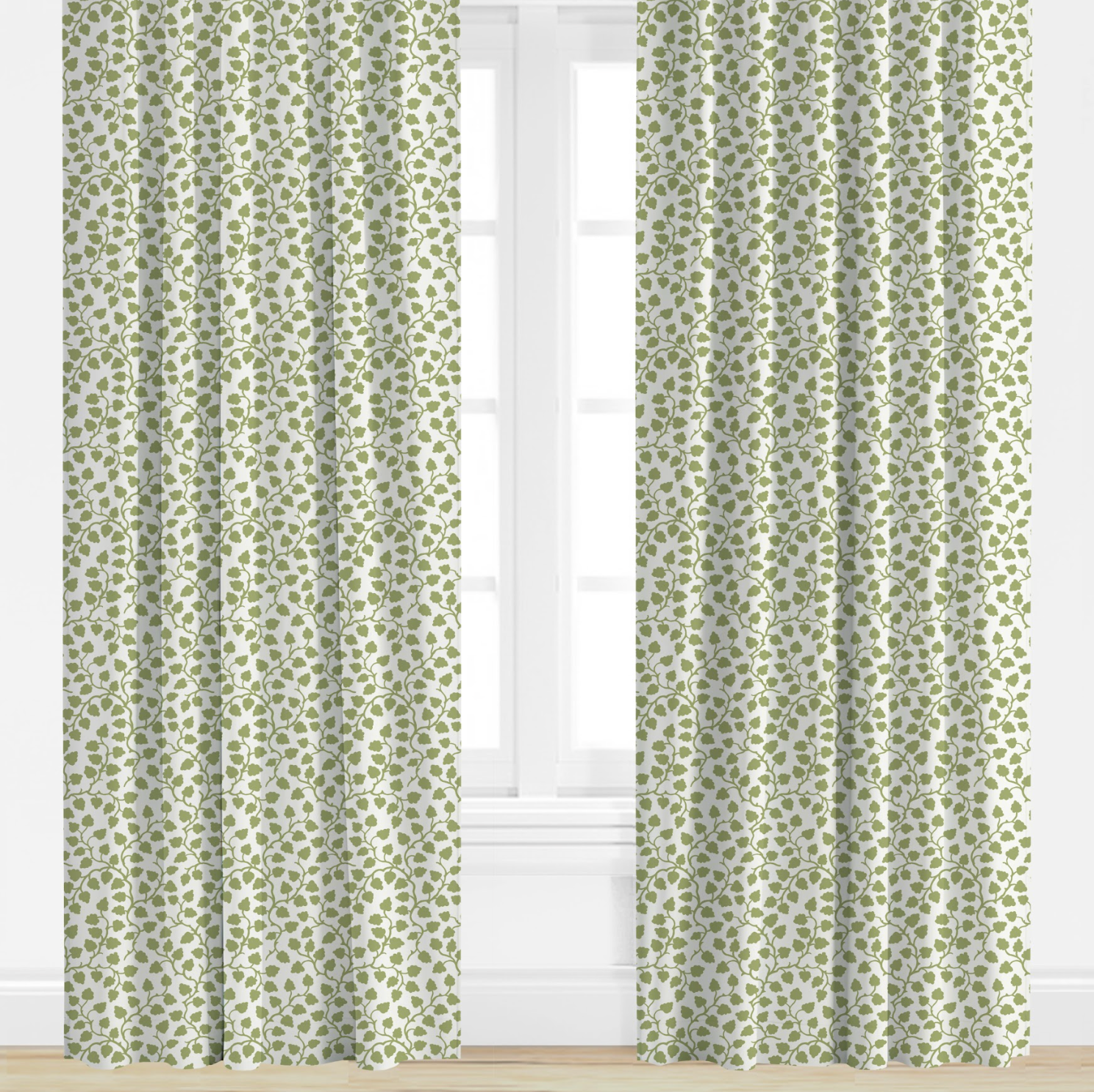 Green patterned curtains on a white window with a light background