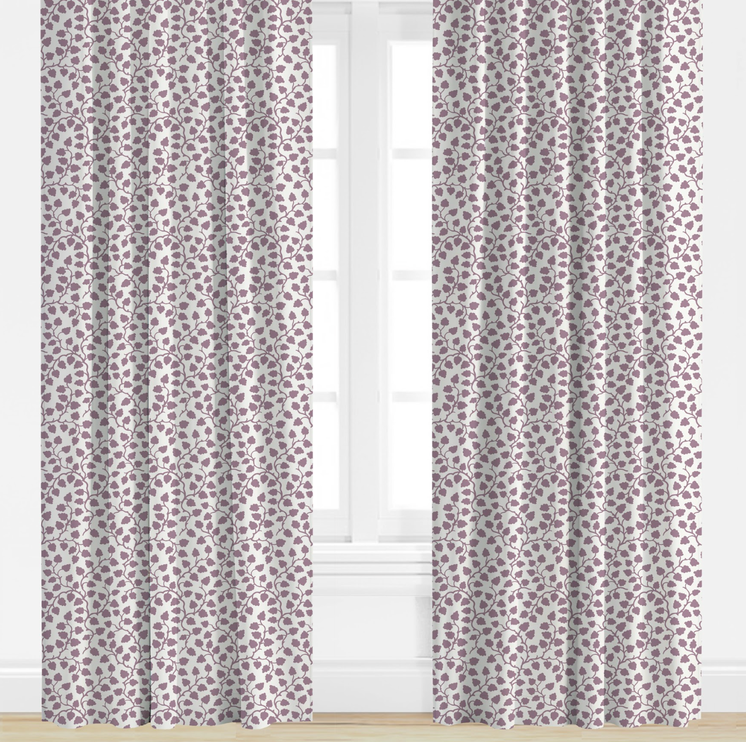 Pair of purple patterned curtains on a window with a white background