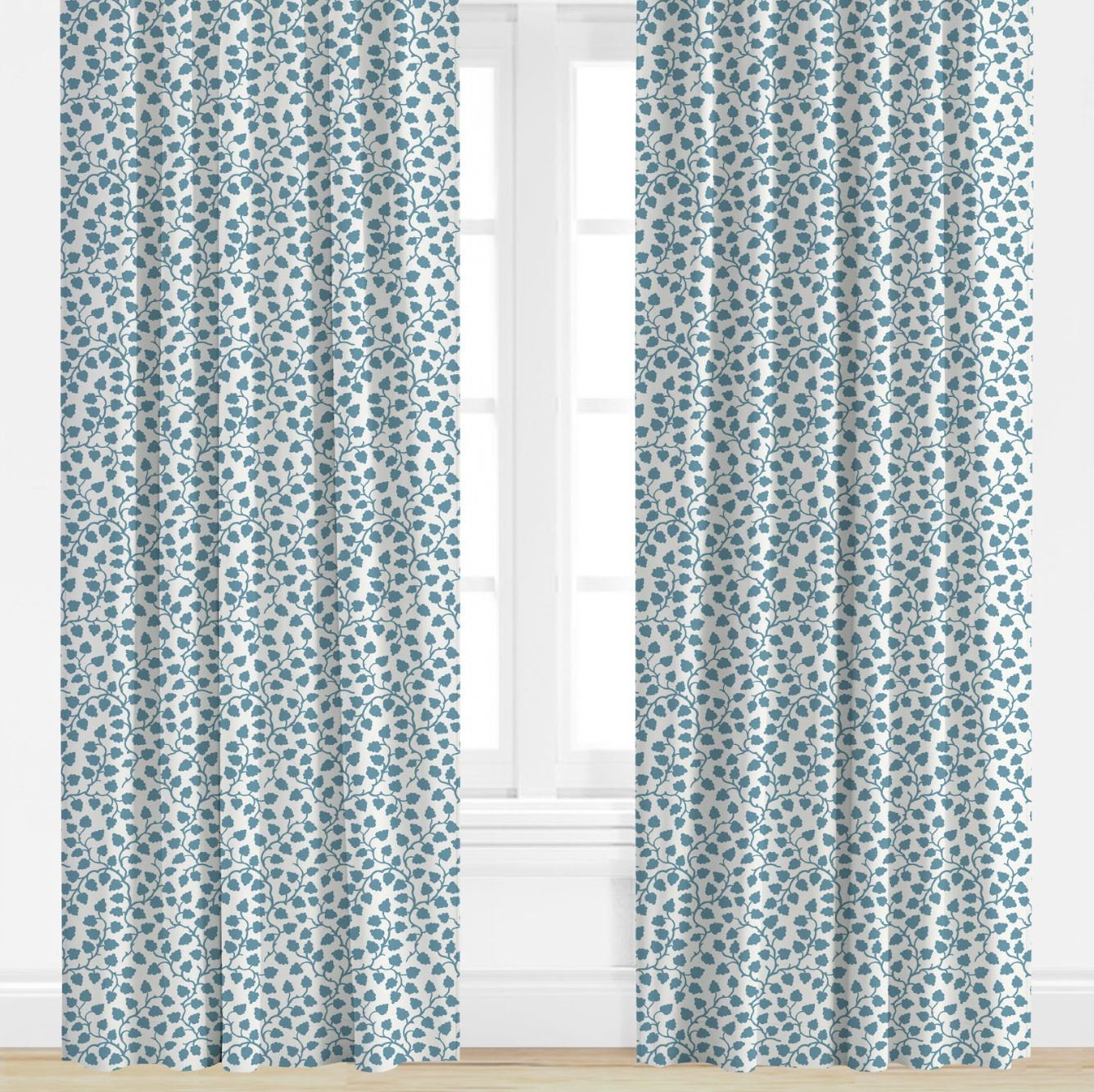 blue Patterned curtains on a window with a white background