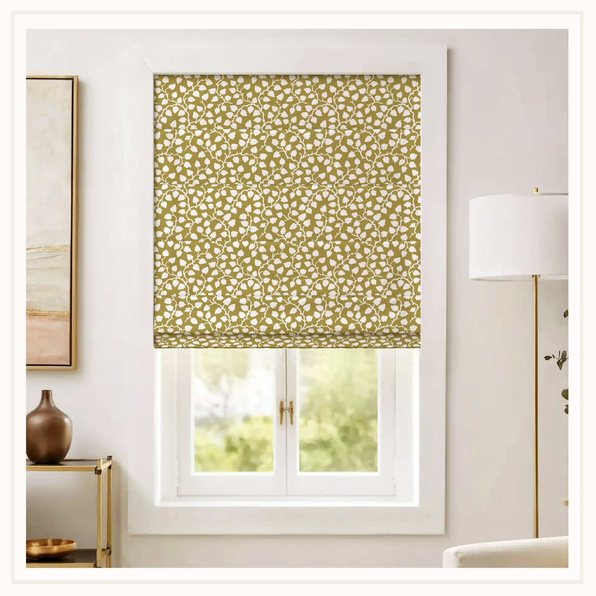 Roman shade in dijon vine pattern