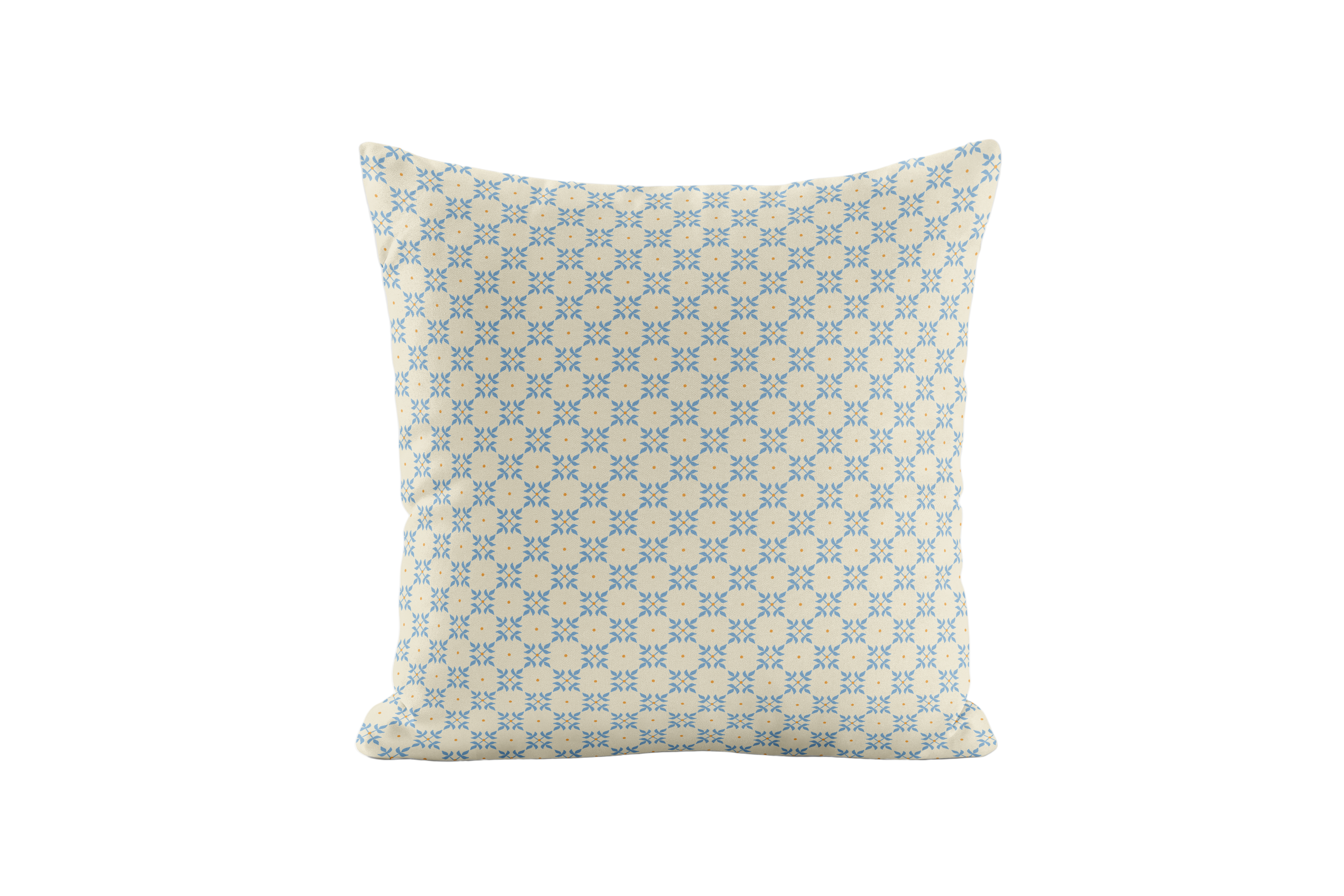 Decorative pillow with a blue and orange geometric pattern on a white background