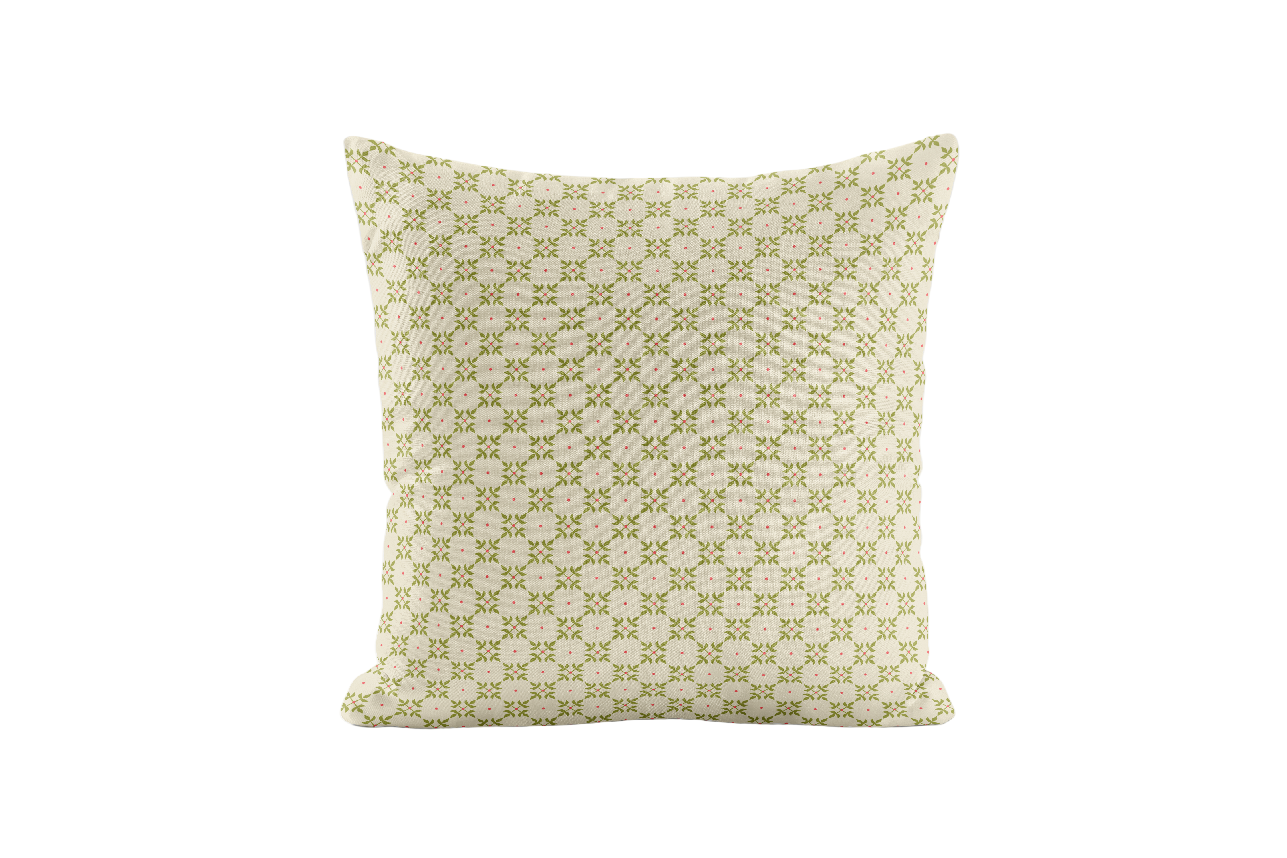 Geometric patterned pillow in green and ivory