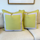 Barlow in Chartreuse with Lavender Mitered Tape Pillow Cover