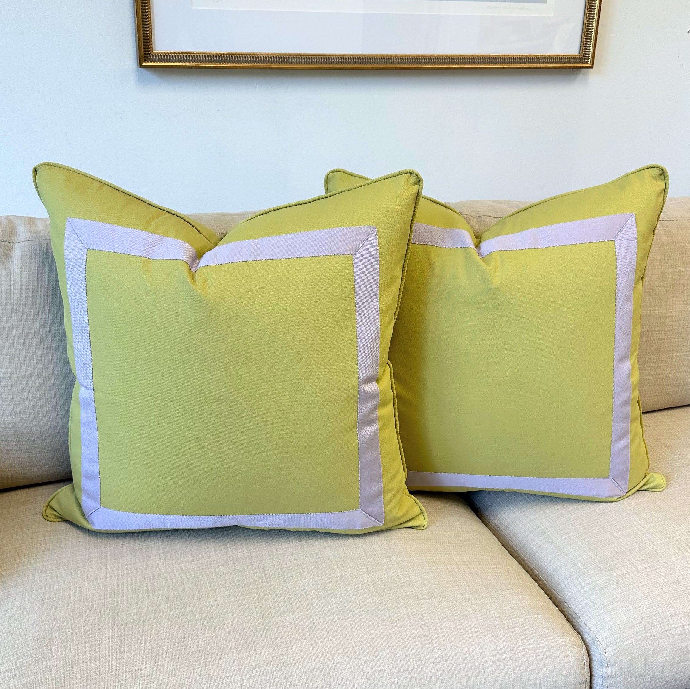 Barlow in Chartreuse with Lavender Mitered Tape Pillow Cover