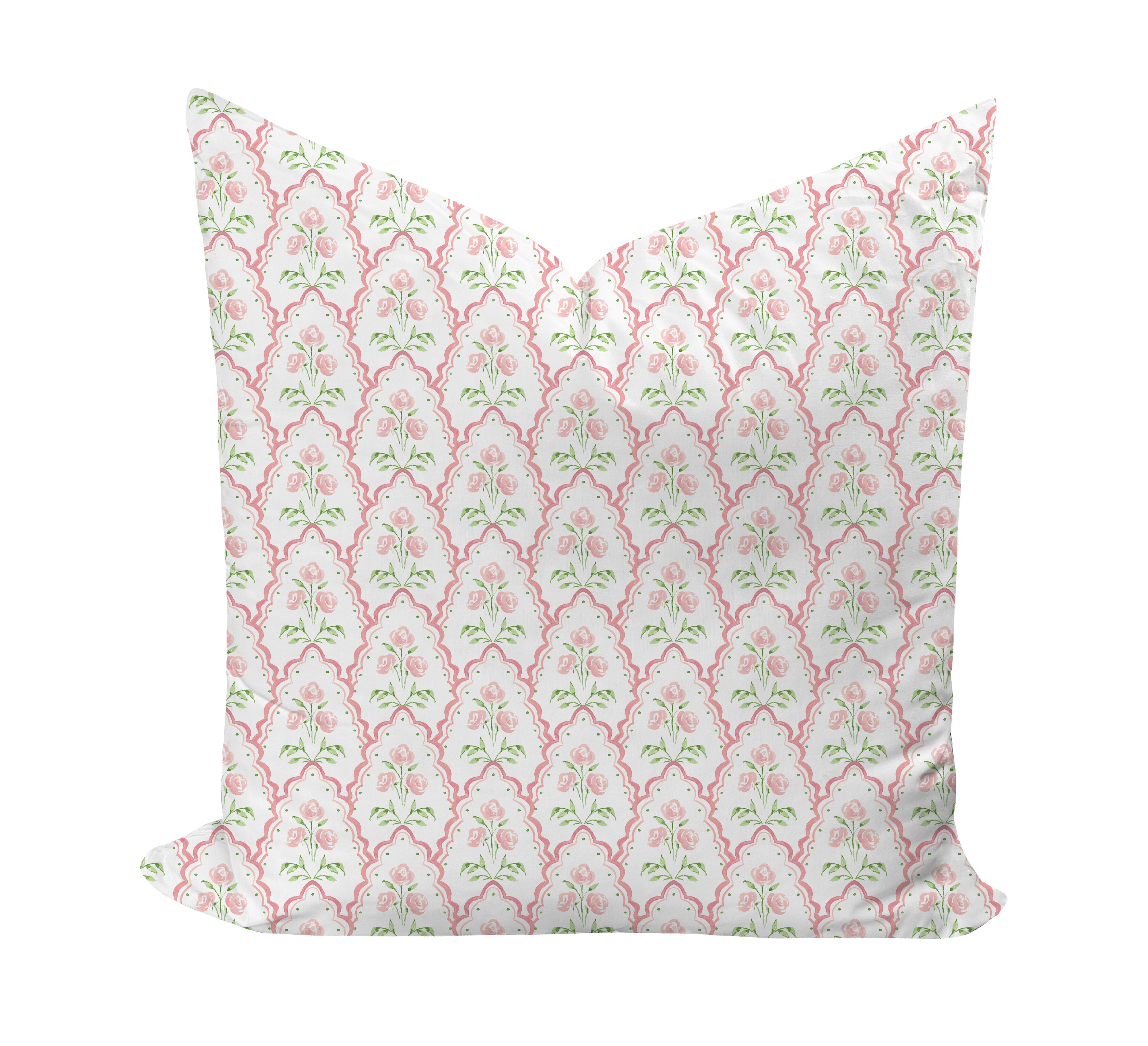 Floral patterned pillow cover in pink and green