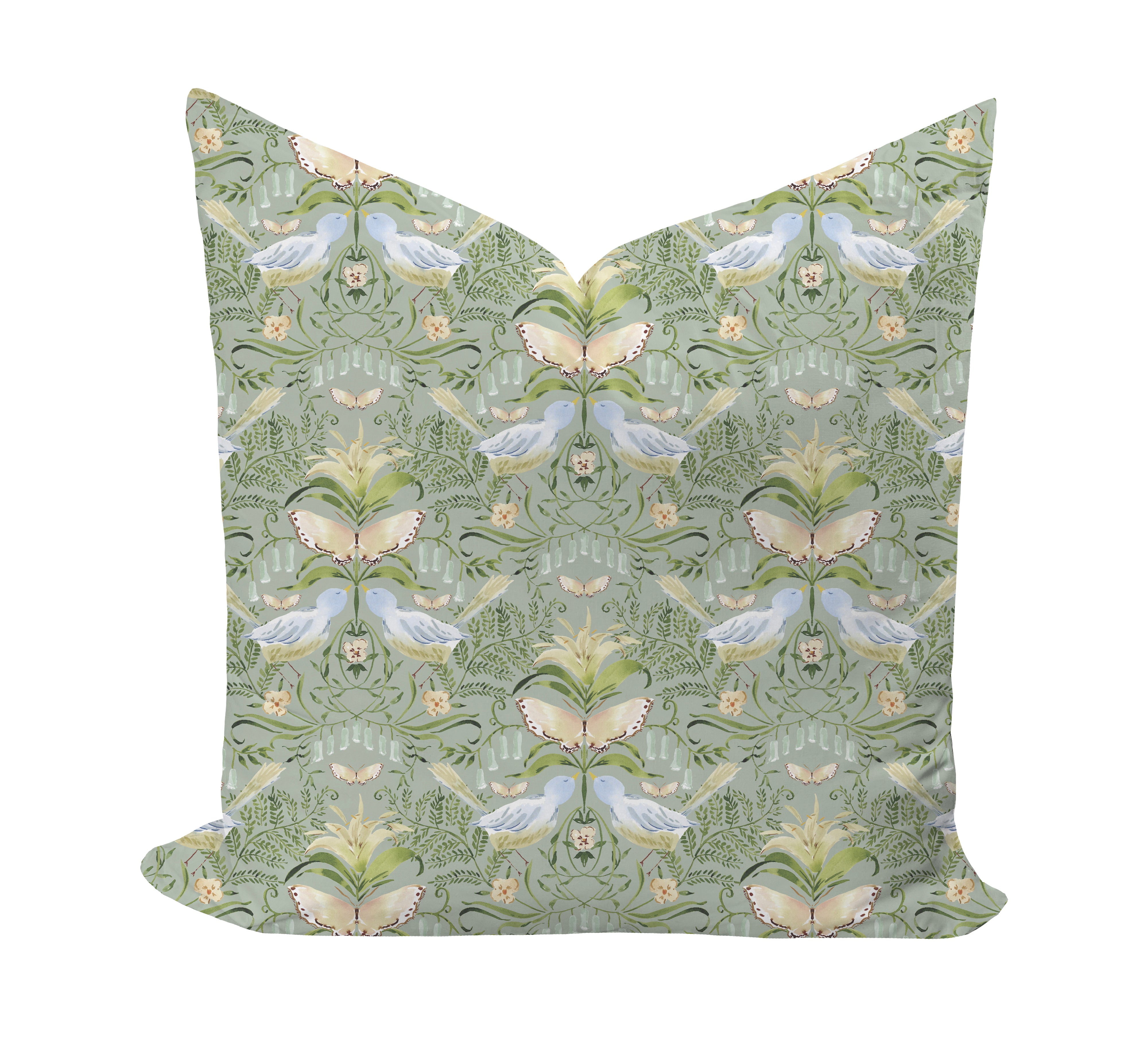 Floral and bird patterned pillow cover by Camilla Moss