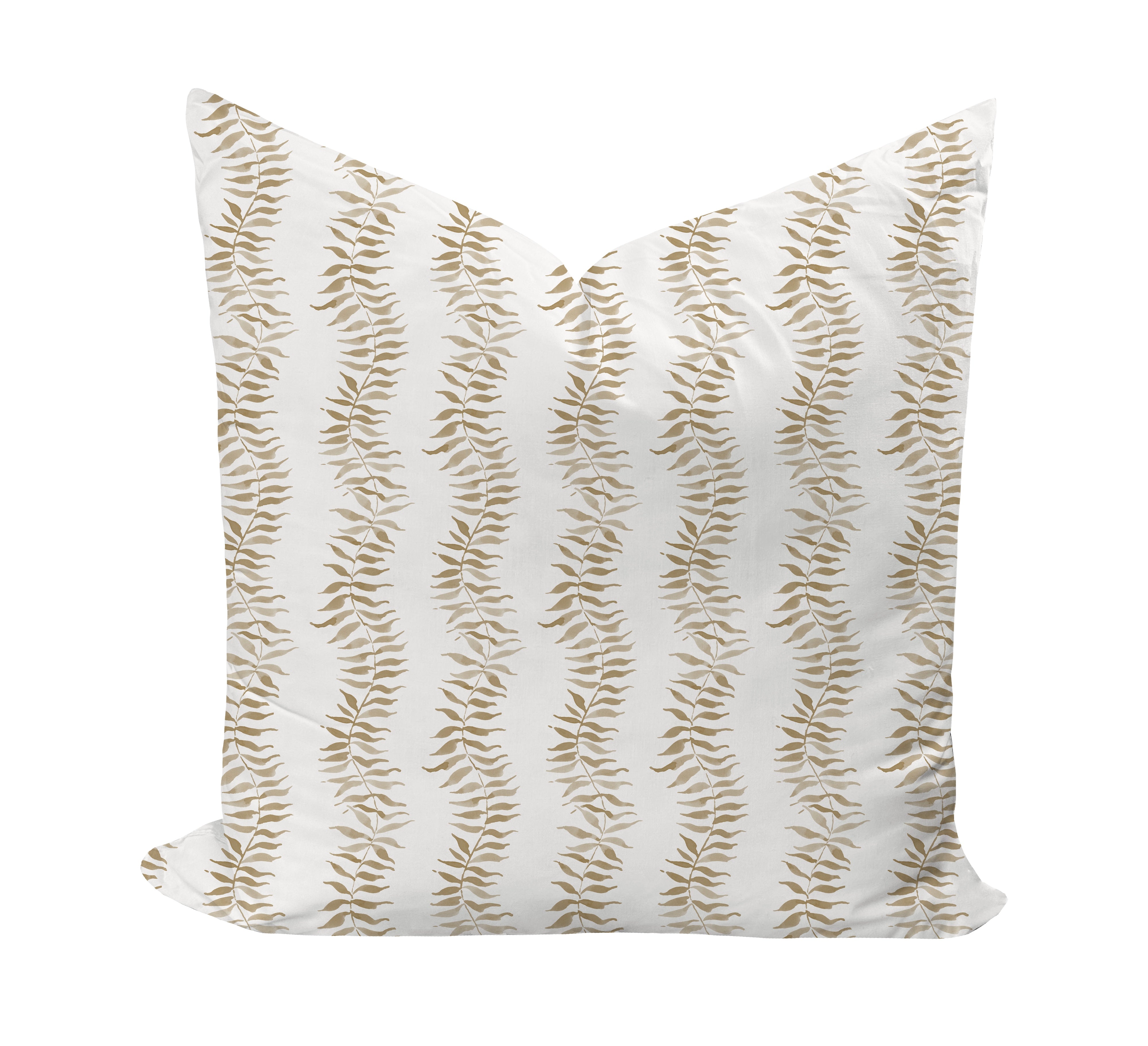 Decorative pillow with tan leaf pattern on a white background