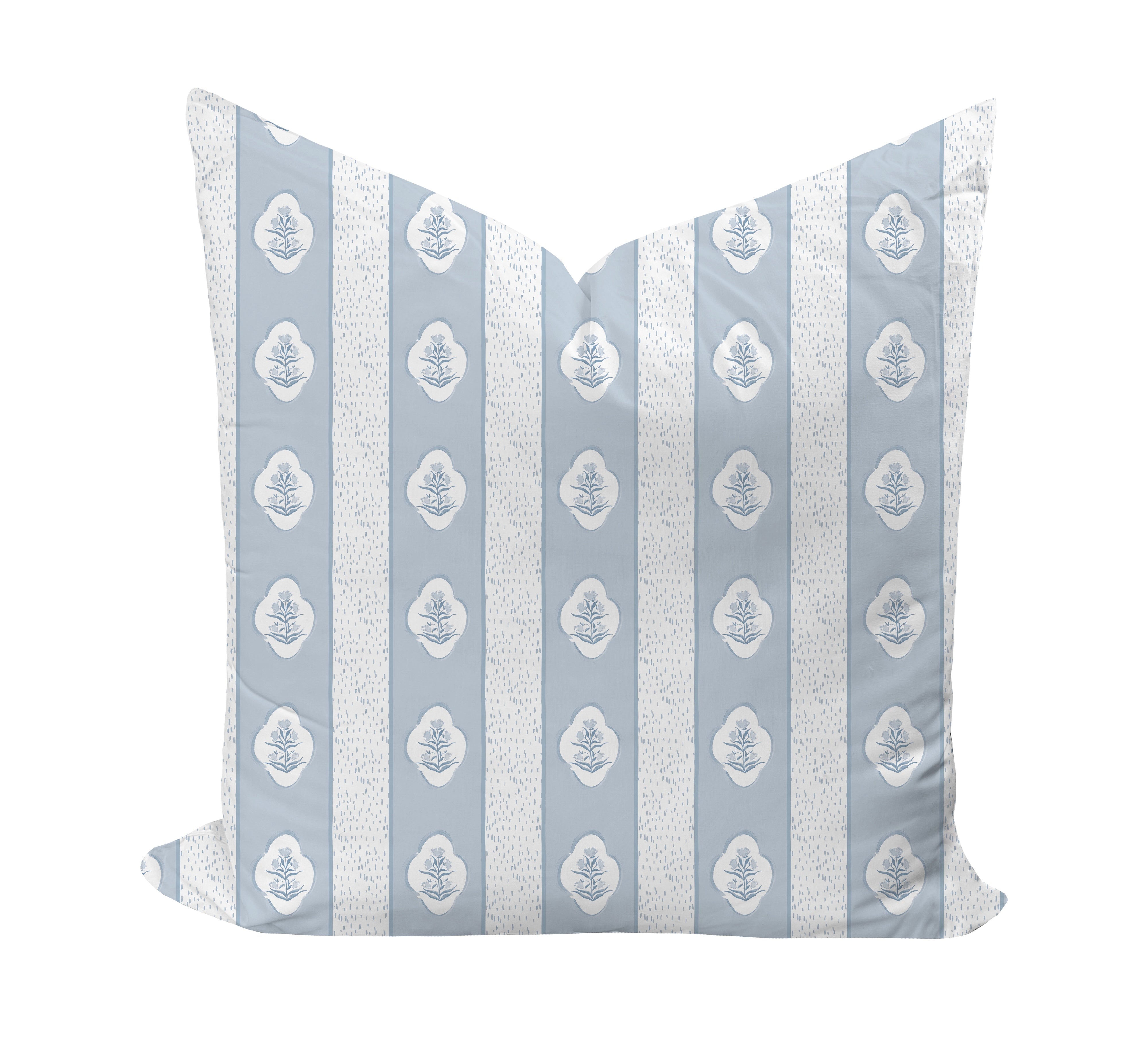 Decorative pillow with blue and white floral striped pattern on a white background