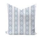 Decorative pillow with blue and white floral striped pattern on a white background