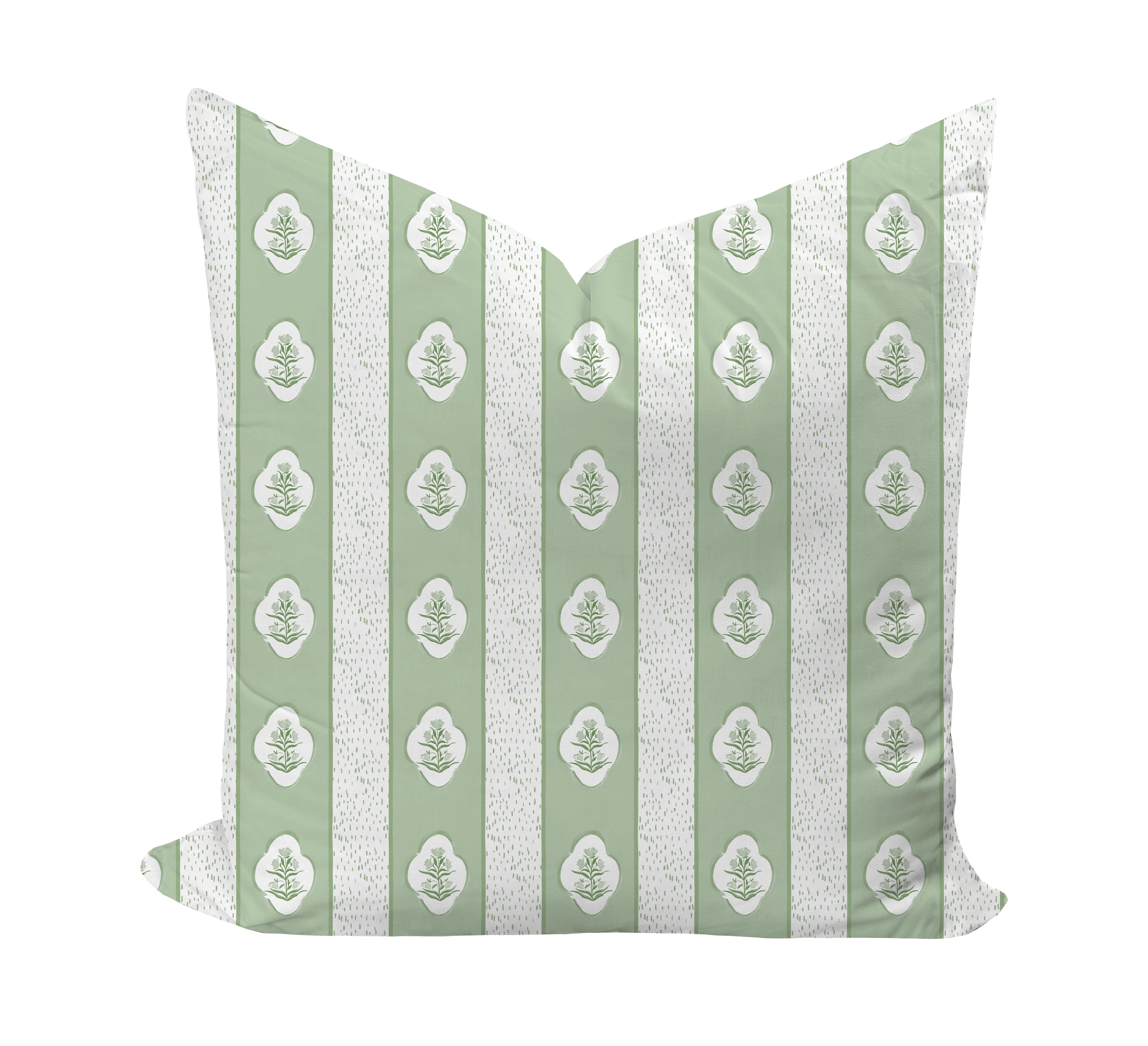 Sage green floral patterned pillow by Camilla Moss
