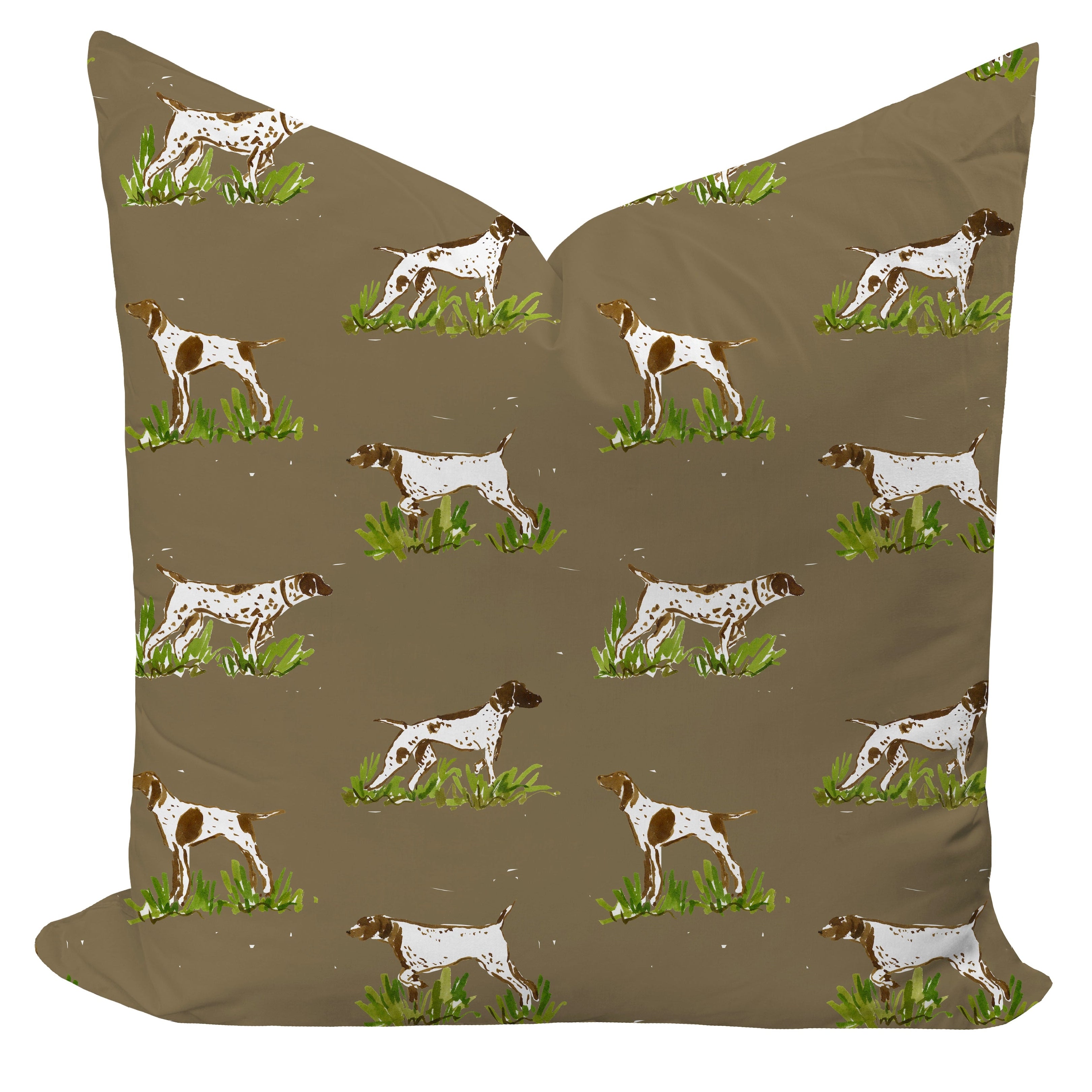 Pillow with a pattern of dogs on a brown background by Camilla Moss