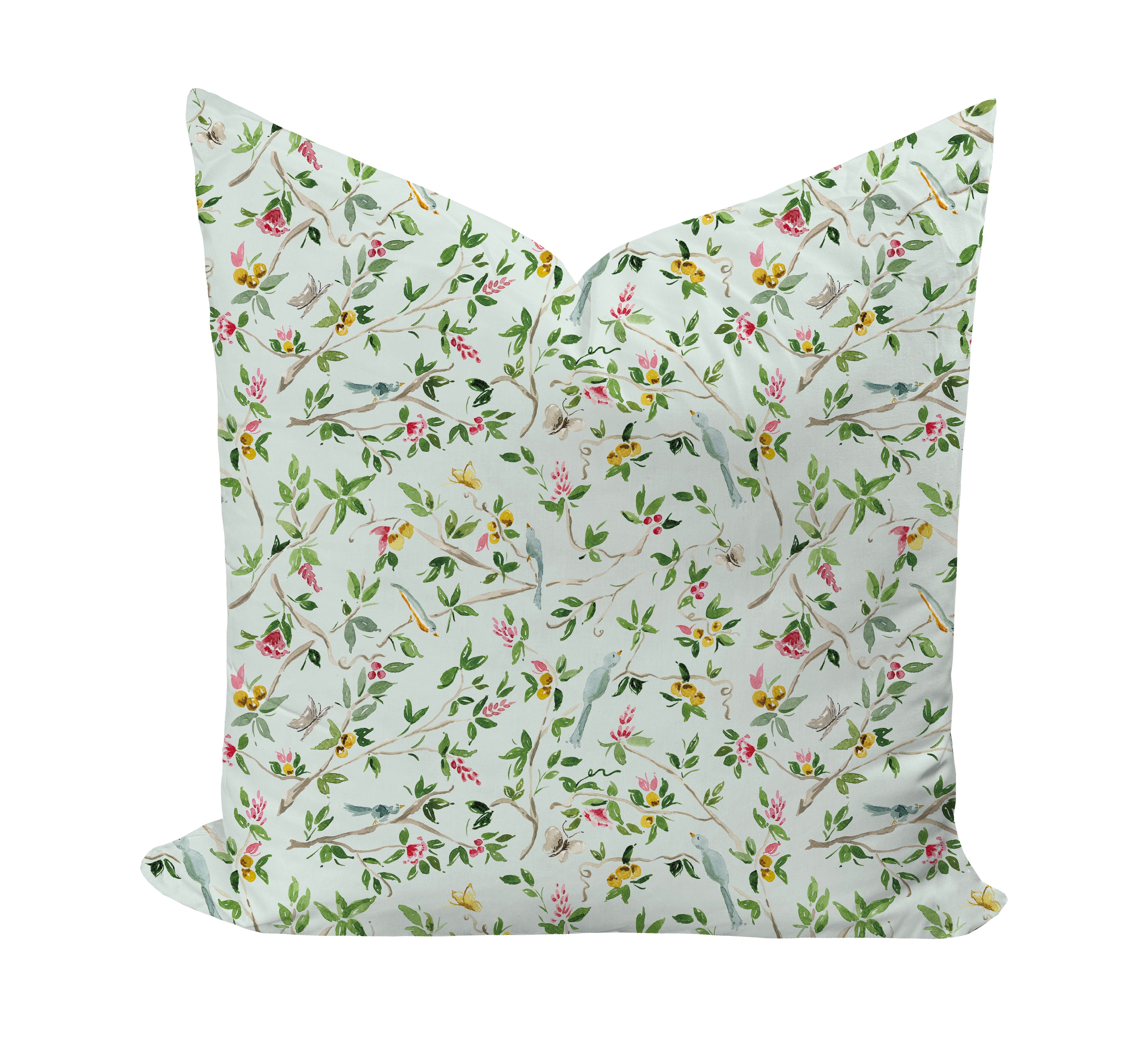 Floral patterned pillow with birds and butterflise in blue, green and pink by Camilla Moss
