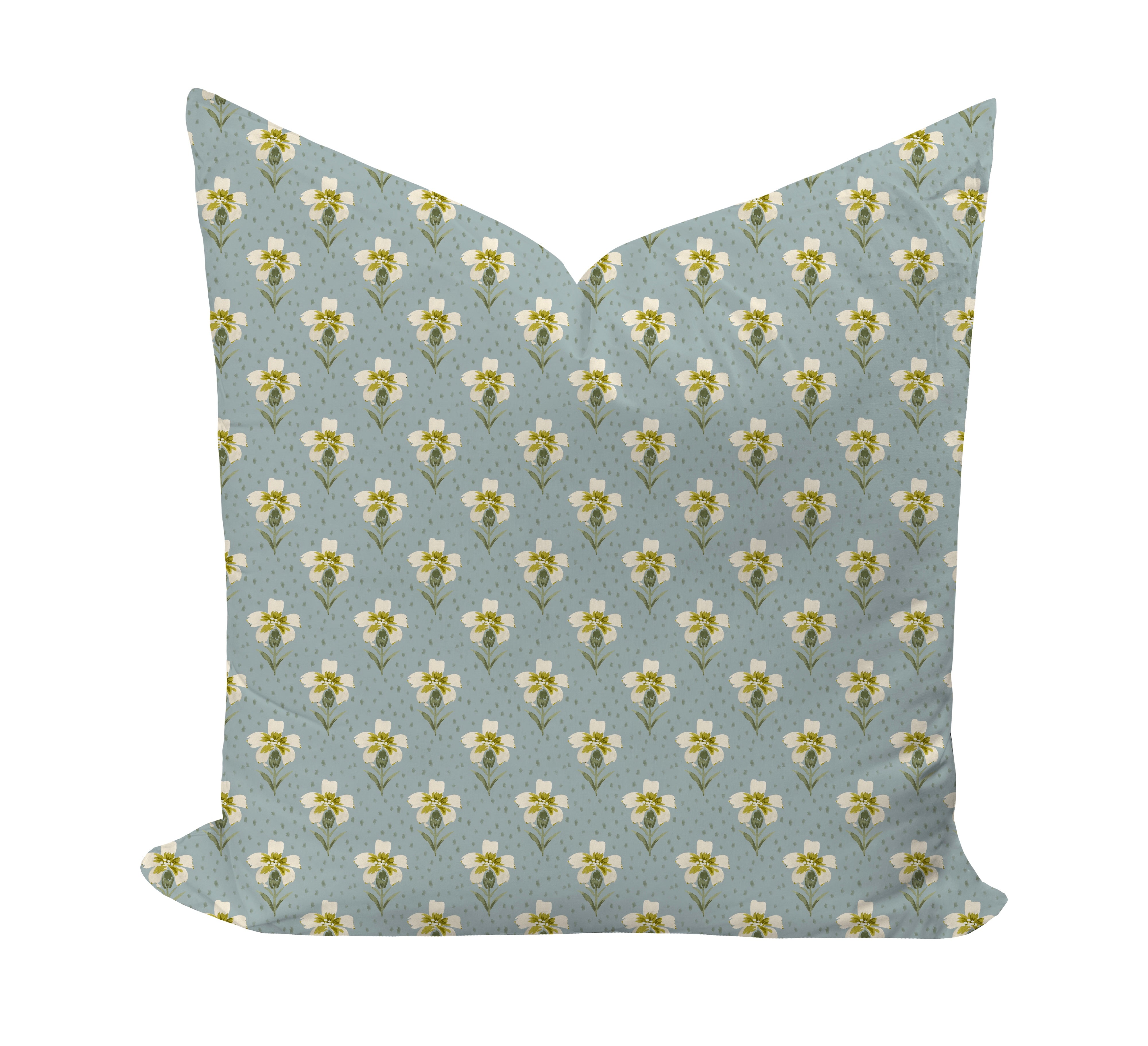 Decorative pillow with floral pattern on a light blue background by Camila Moss