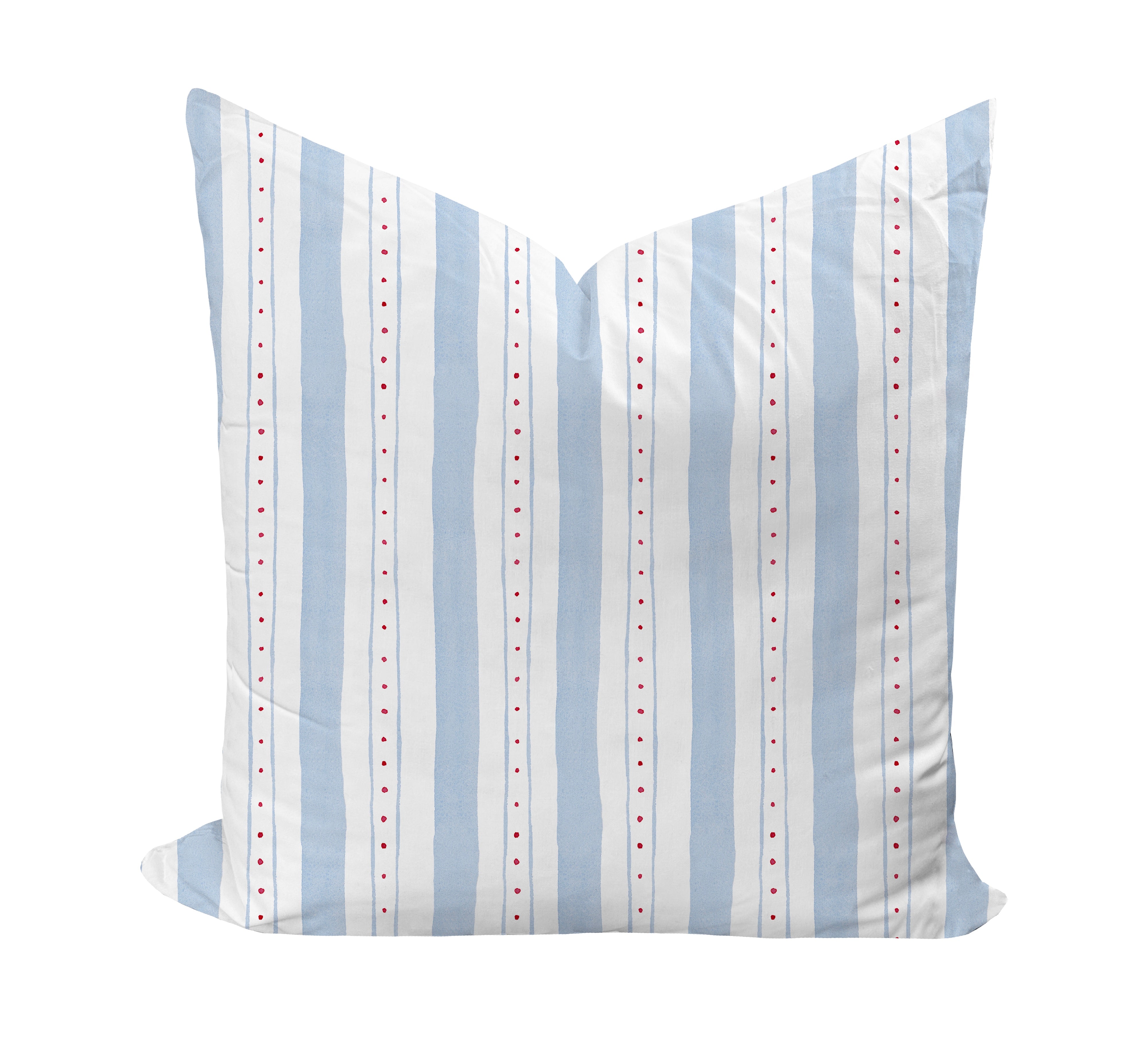 Striped pillow with blue and red pattern on a white background