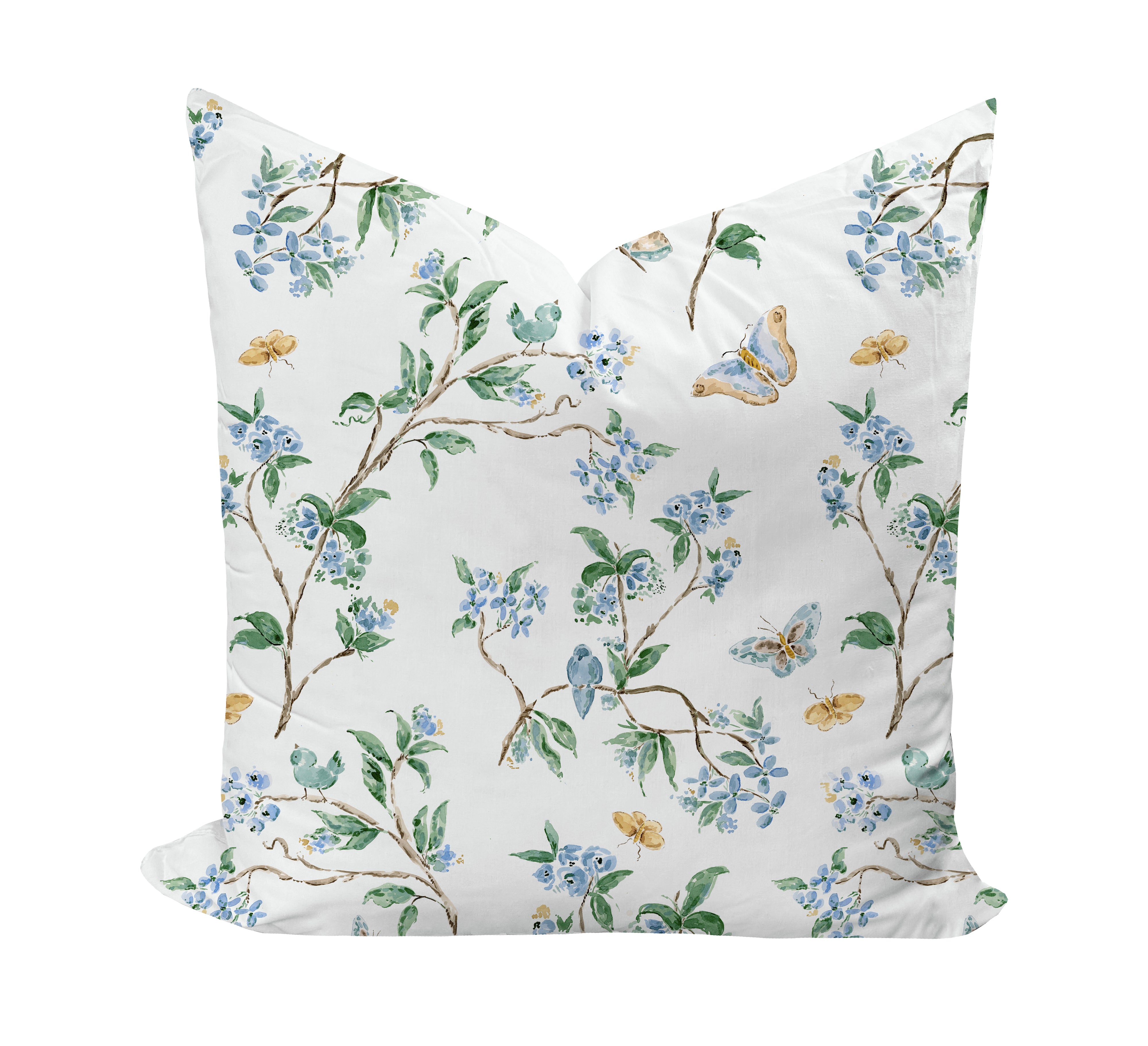 Floral patterned pillow with birds and butterflies in blue