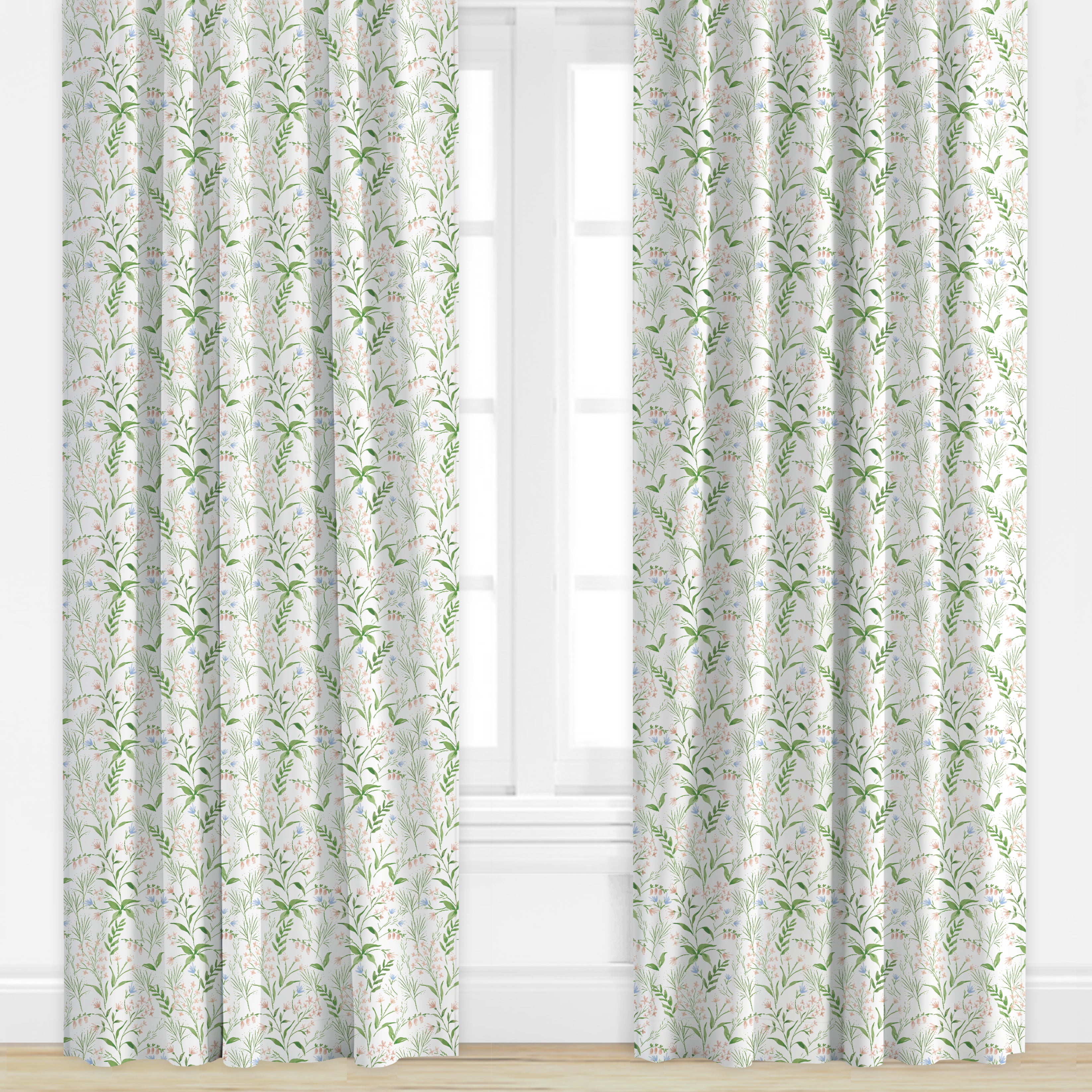 Pink and green floral patterned drapes by Camilla Moss
