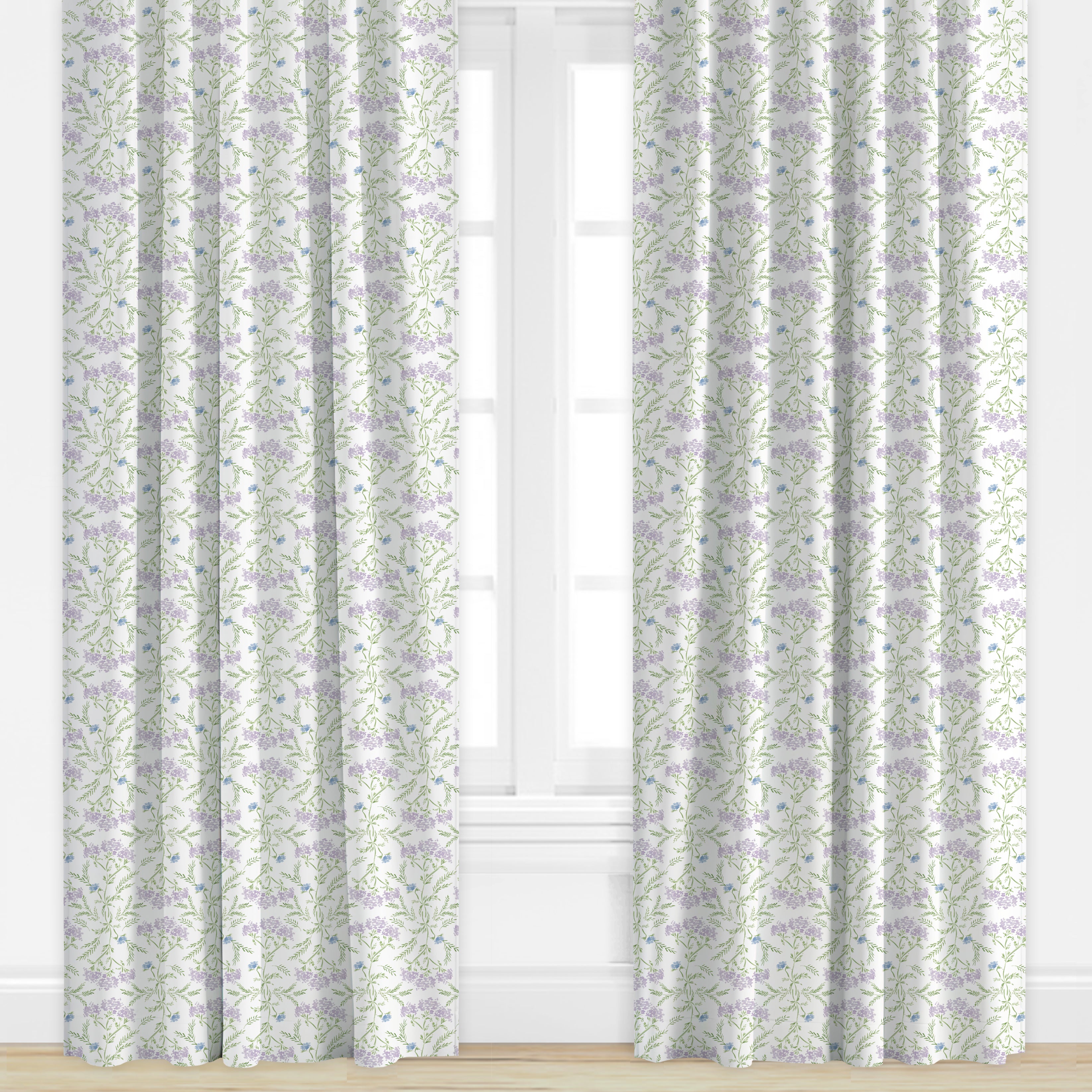 purple and green floral patterned drapes by Camilla Moss