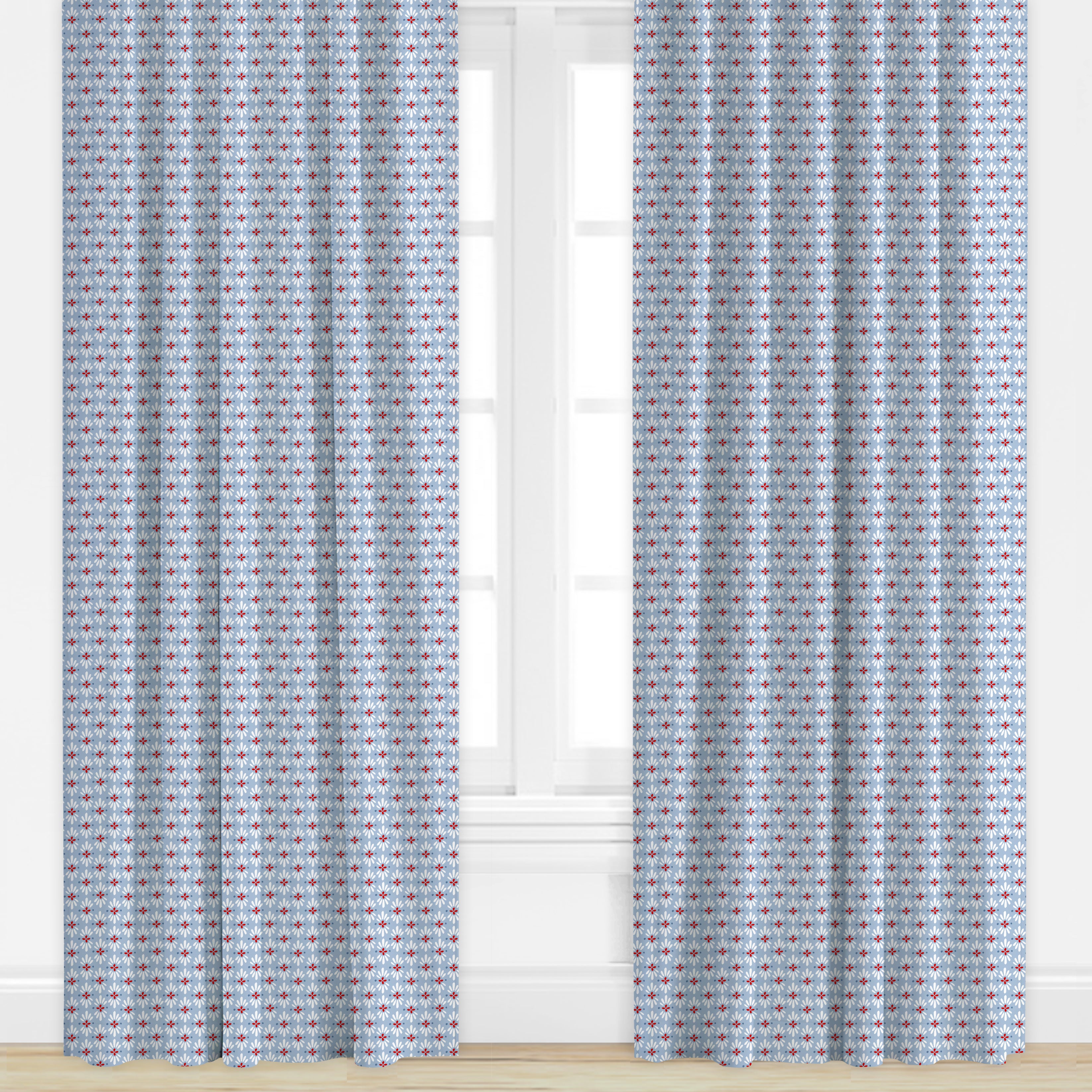 Blue and Red patterned drapes by Camilla Moss