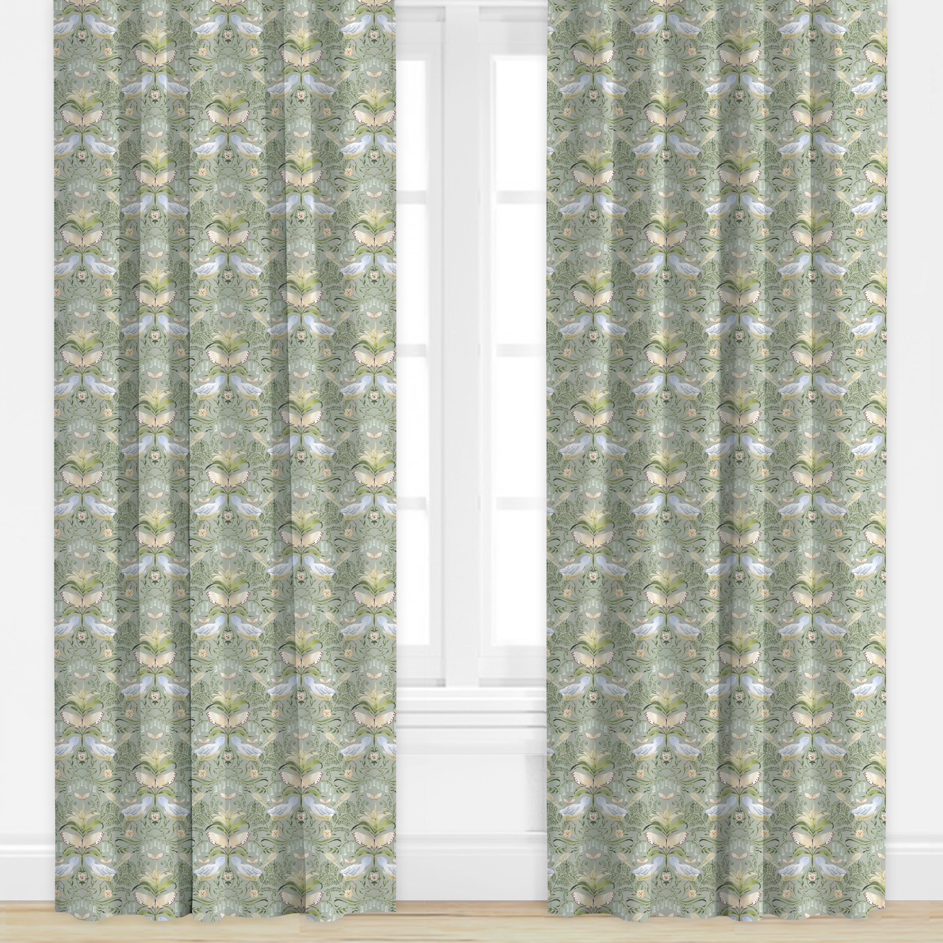 Green and blue butterfly and bird patterned drapes by Camilla Moss