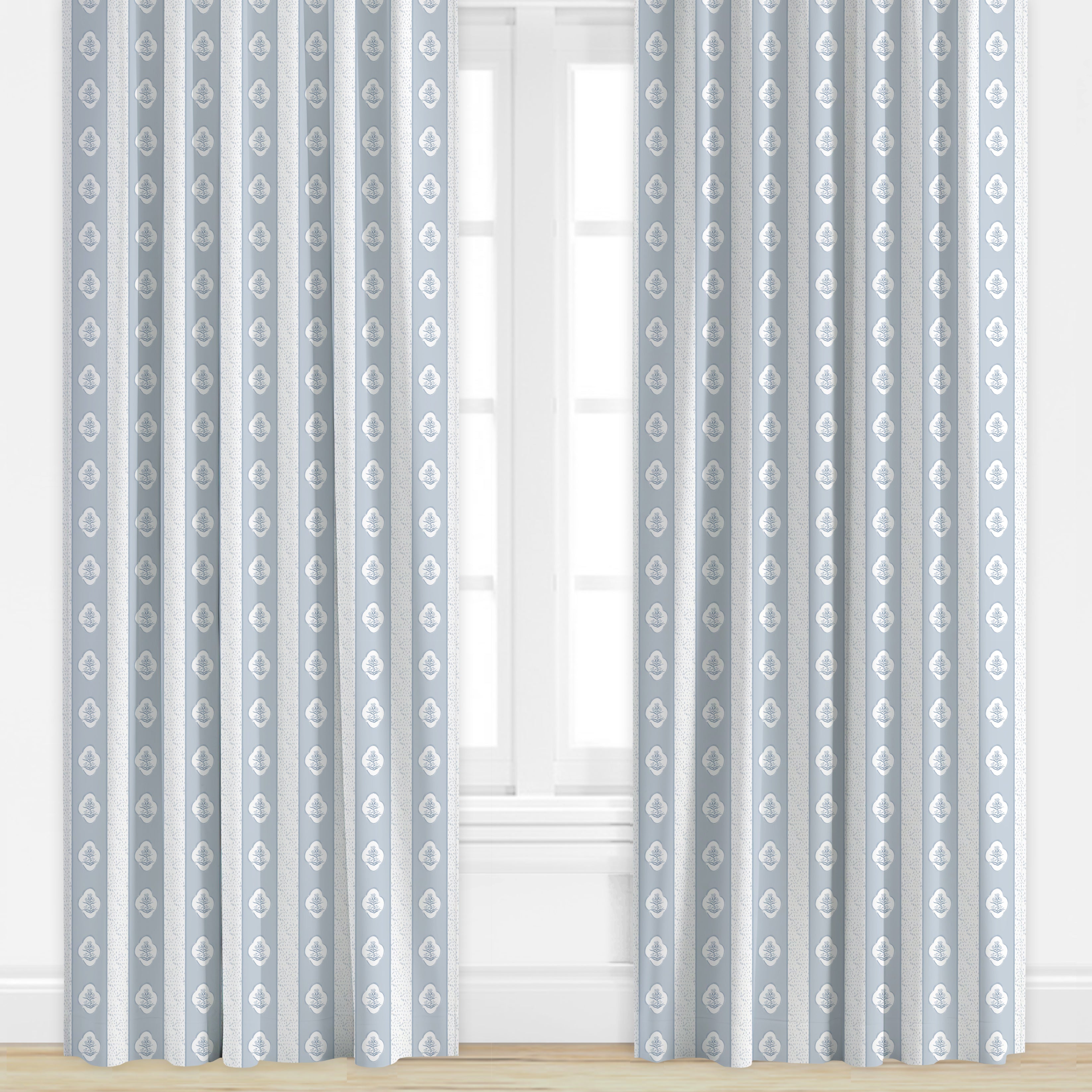 Blue floral Patterned curtains with a white background