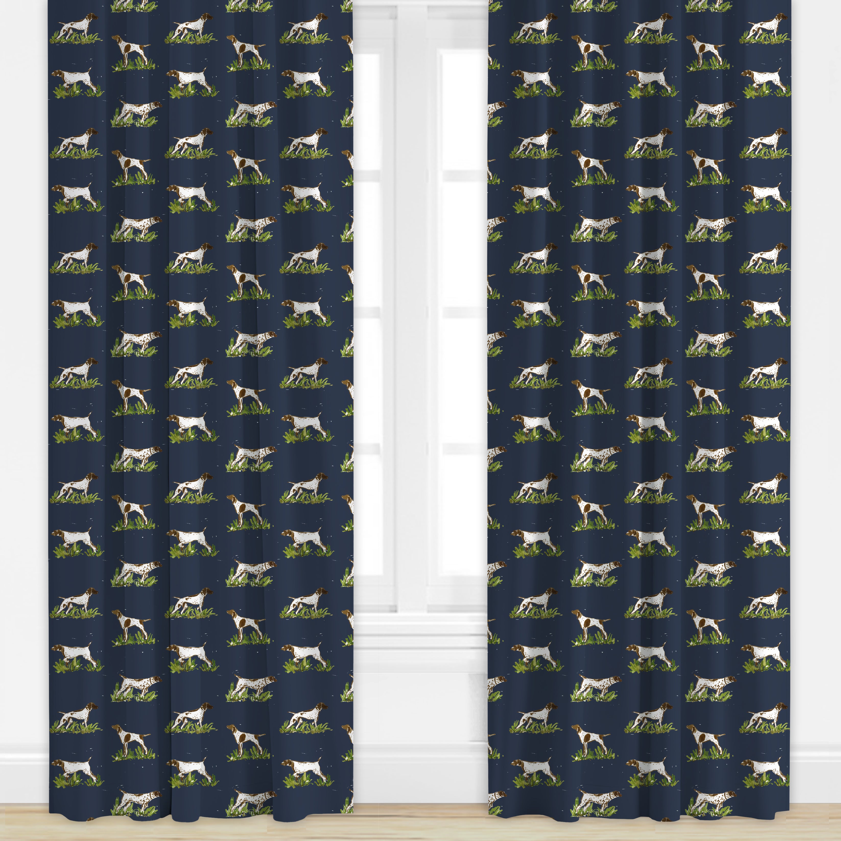 Dog patterned drape in navy blue by Camilla Moss