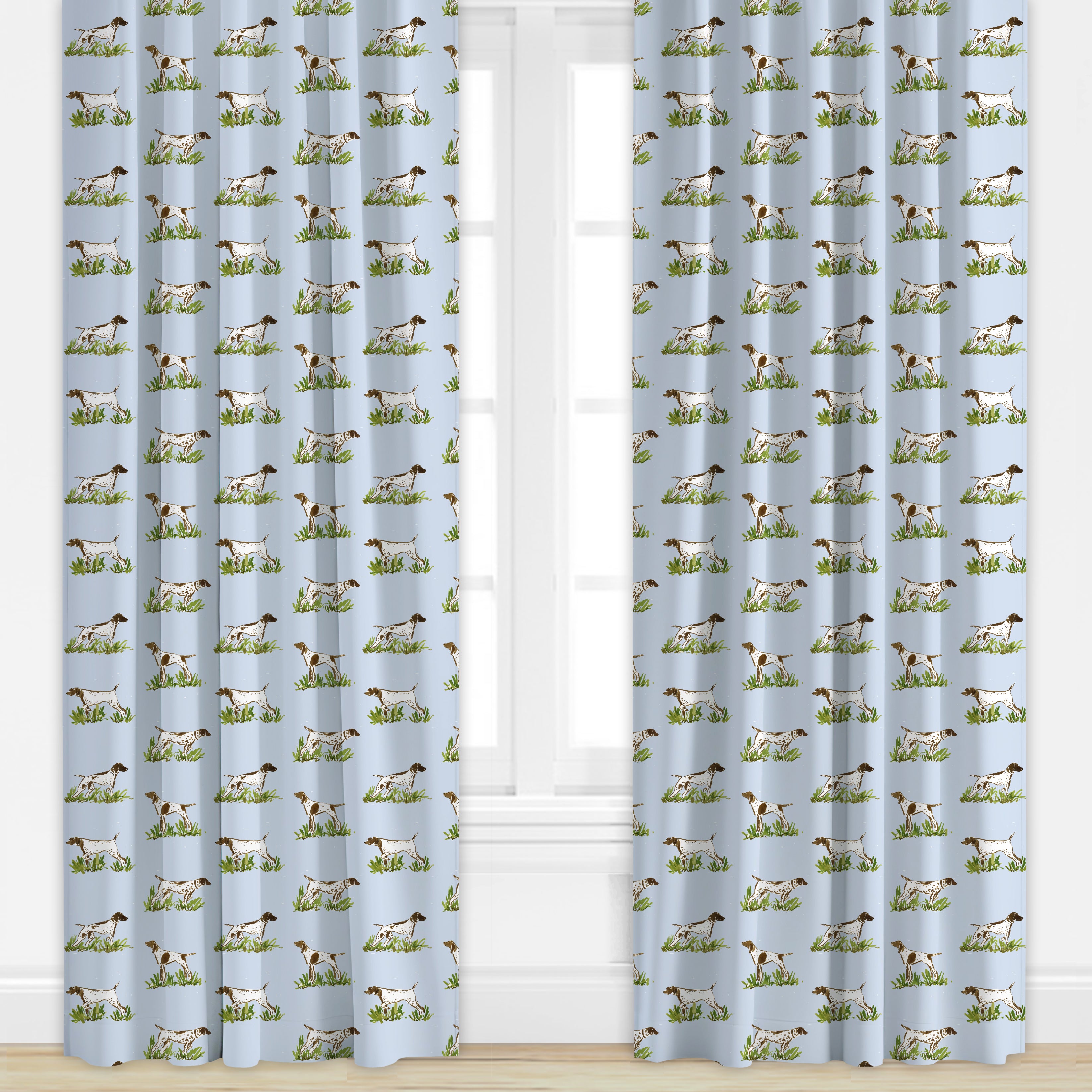 Dog patterned drape in light blue by Camilla Moss