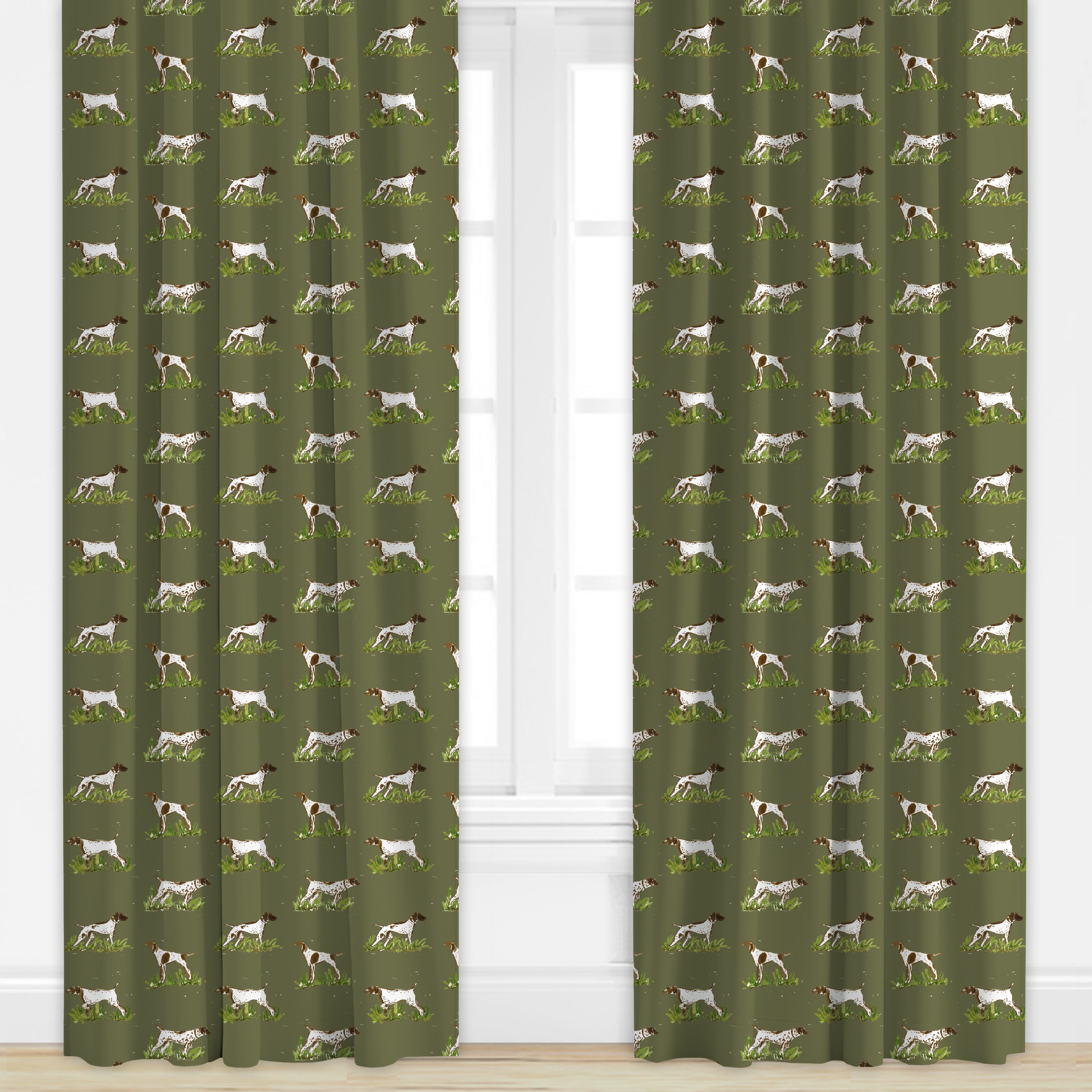 Dog patterned drape in dark green by Camilla Moss