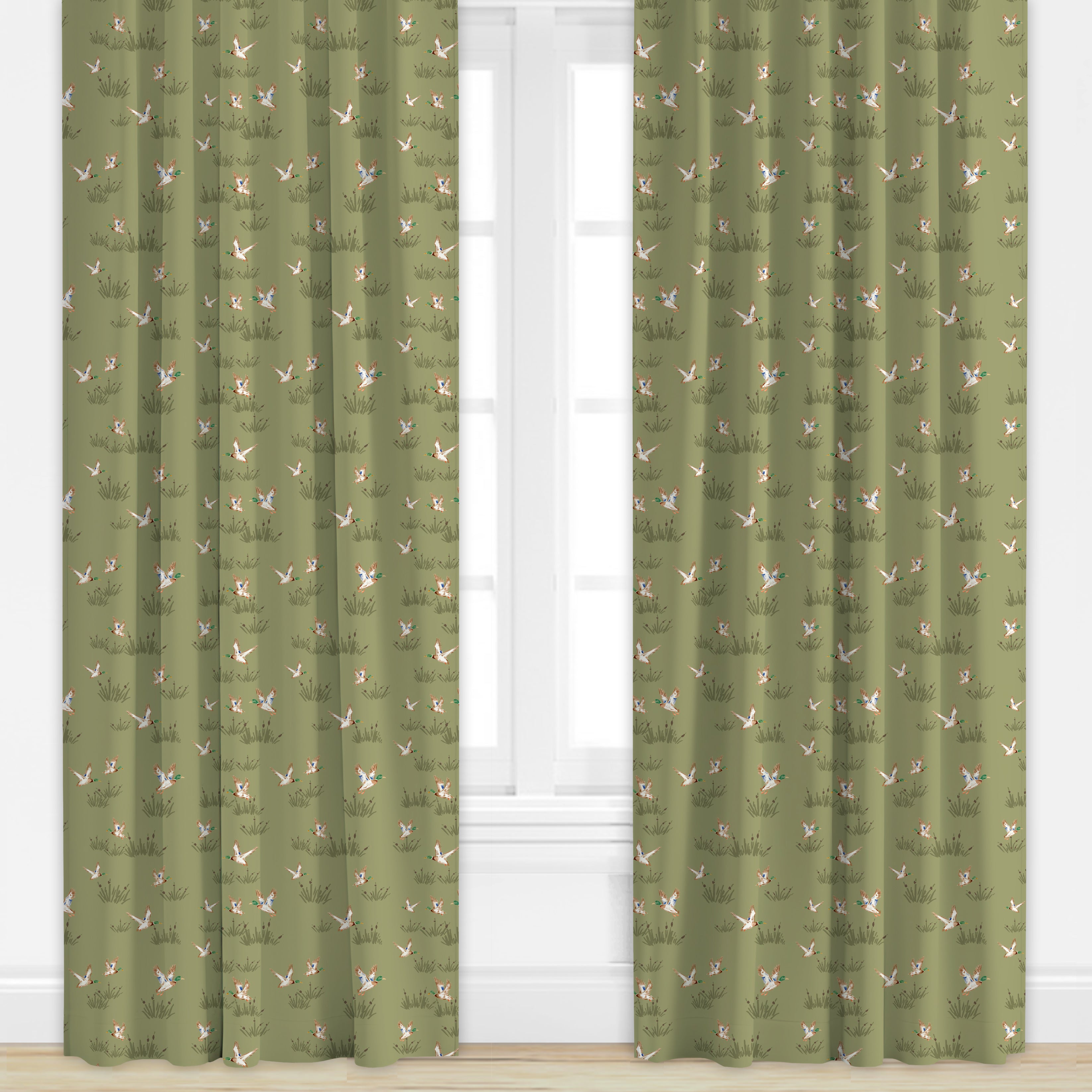 Duck patterned drape in Olive Green