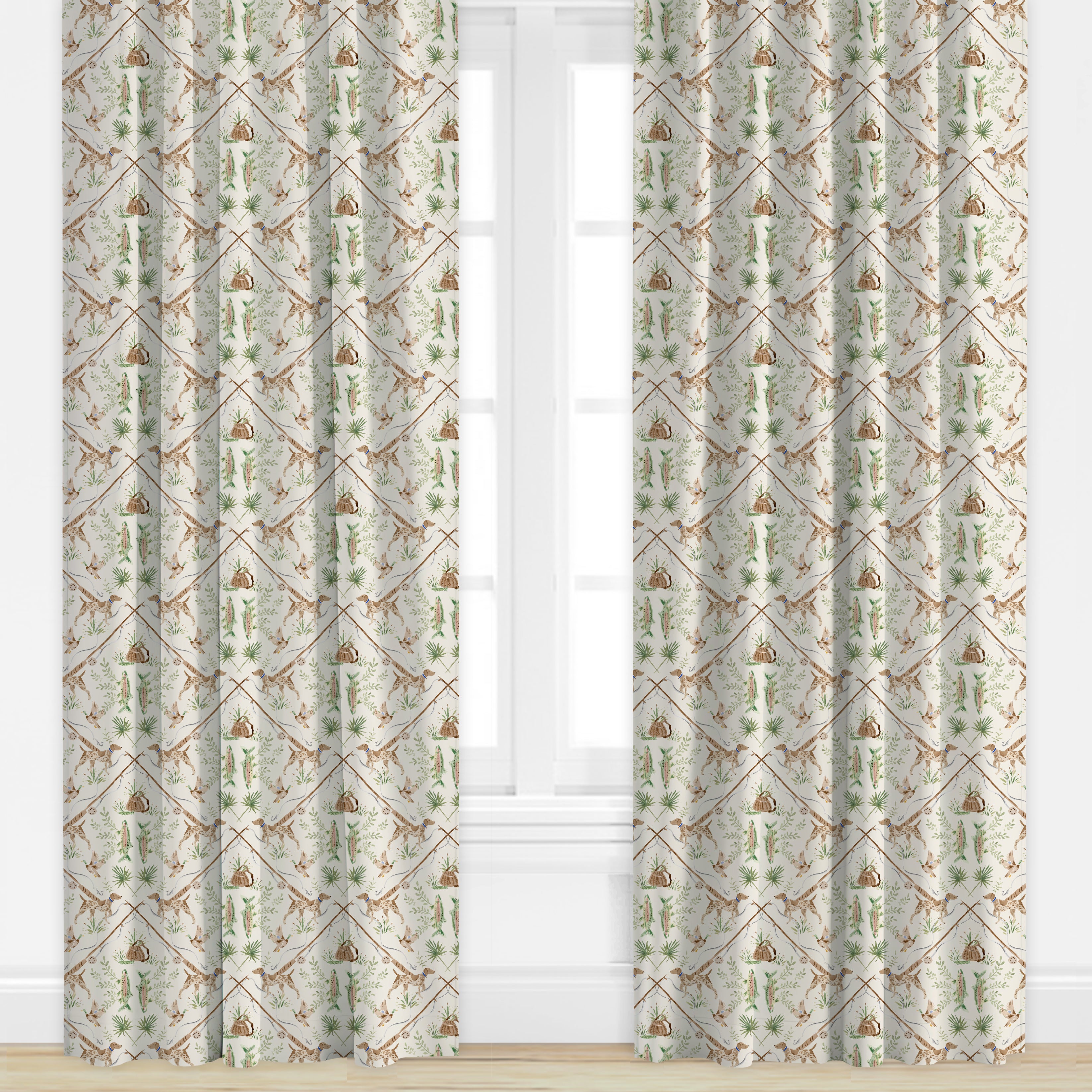 Hunting patterned drape in brown and green by Camilla Moss