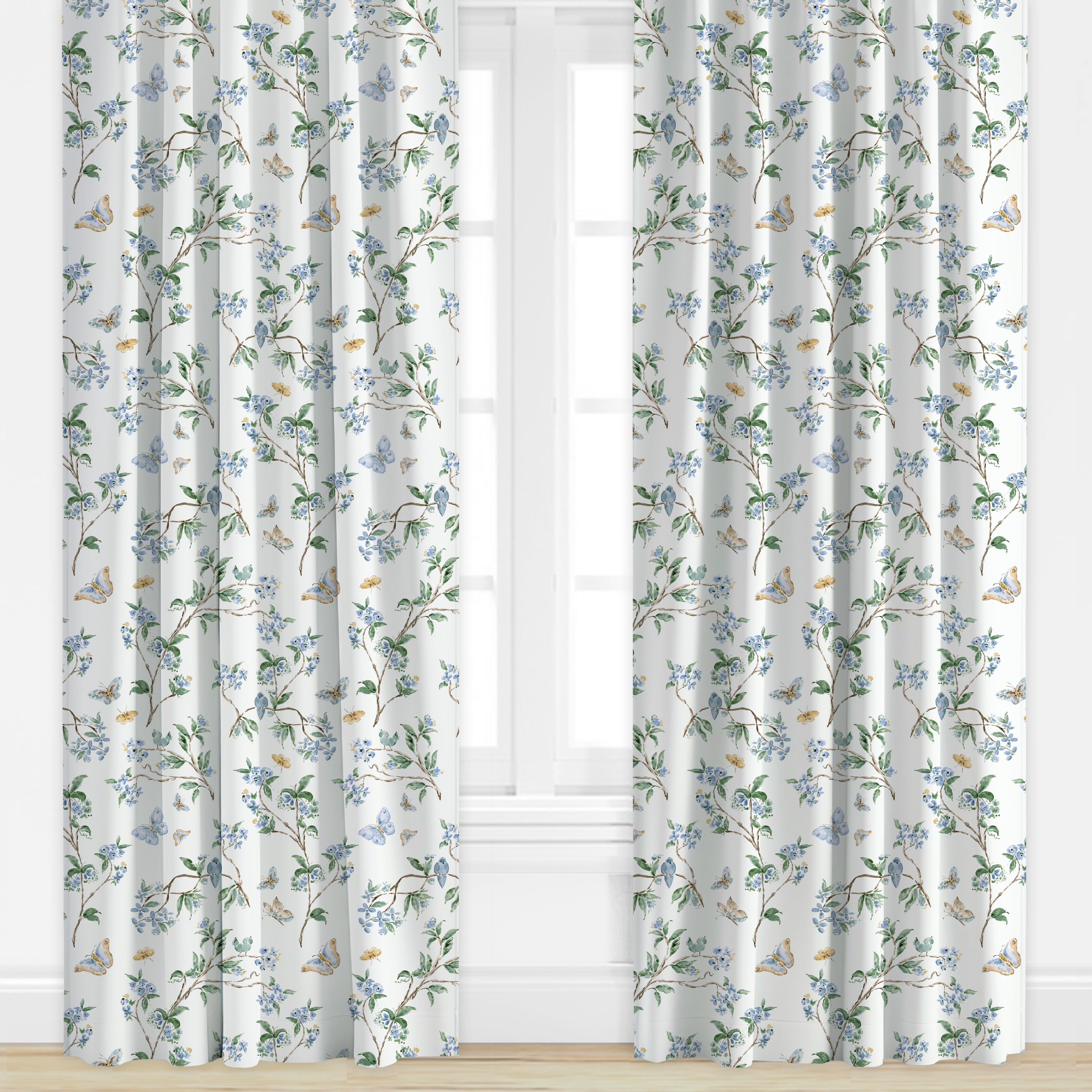 Floral patterned drape with butterflies in green and blue by Camilla Moss