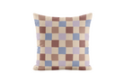 Checkered pillow with brown, blue, and purple squares on a white background