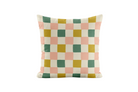 Checkered pillow with green, pink, and chartreuse squares on a white background