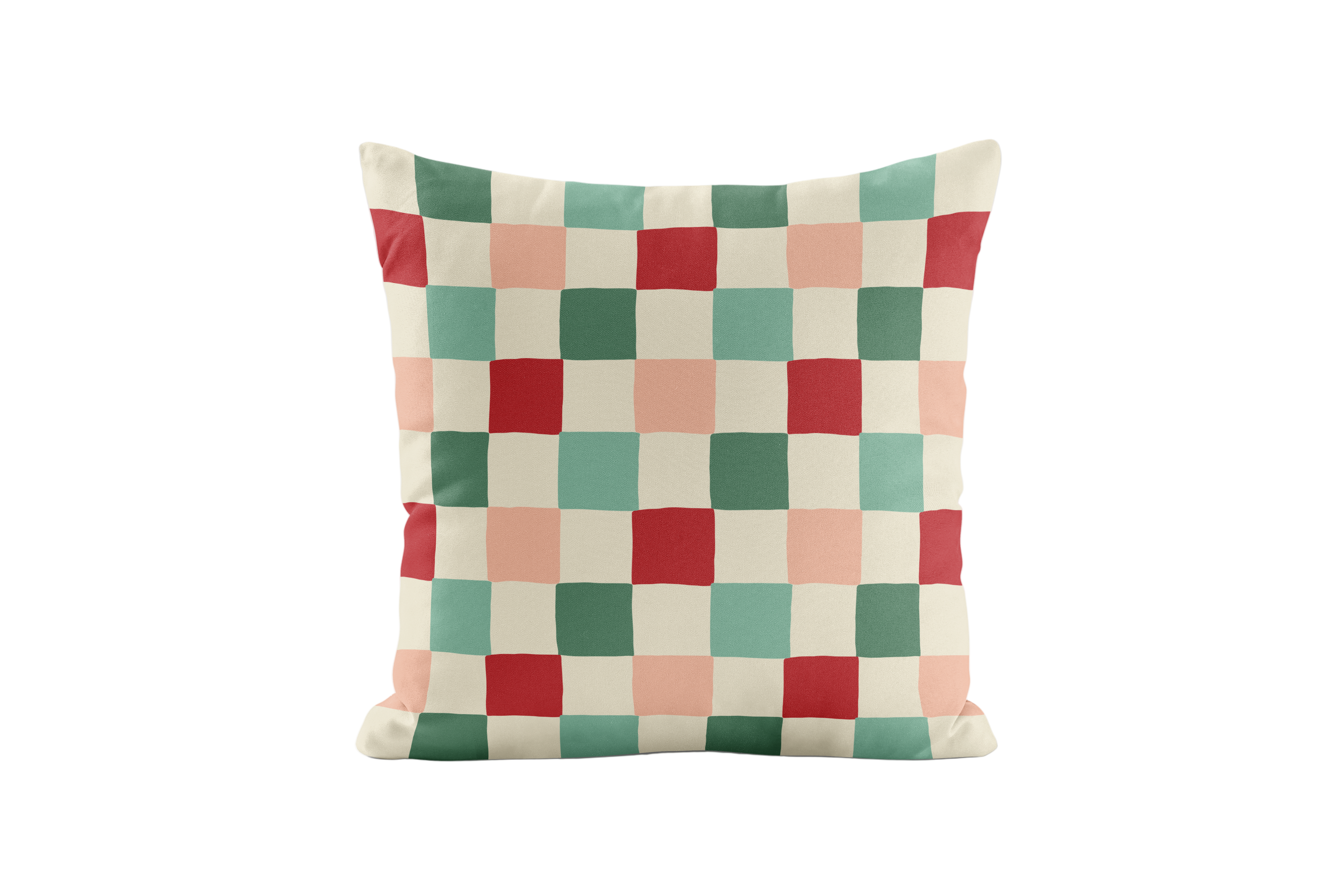 Checkered pillow with red, green, and beige squares on a white background