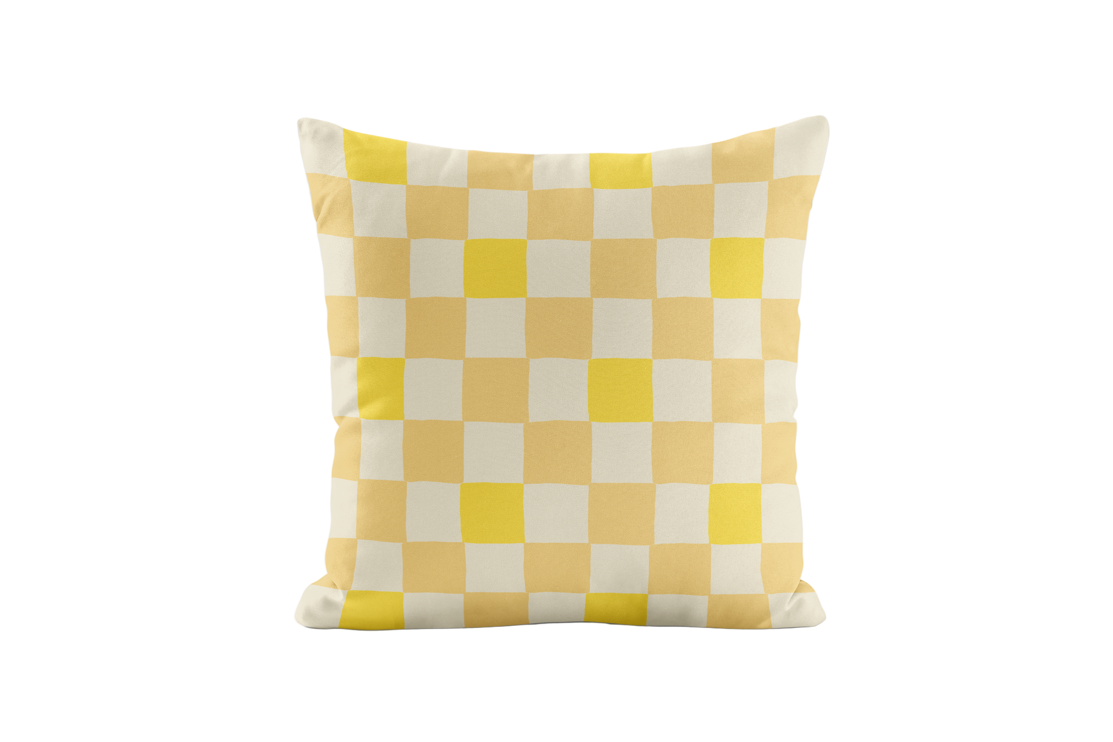 Yellow and white checkered pillow on a light gray background
